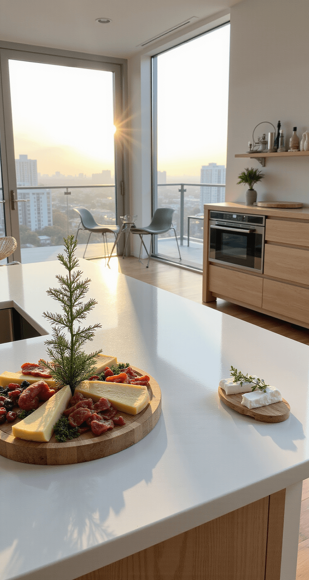 The Ultimate Christmas Tree Charcuterie Board: A Festive Feast for the Eyes and Palate Open-concept modern kitchen with floor-to-ceiling windows showcasing city views at golden hour, featuring a sleek white kitchen island adorned with an artistic Christmas tree charcuterie display of manchego wedges, chorizo, microgreens, and dried cranberries, complemented by minimalist decor and jewel-tone food colors.