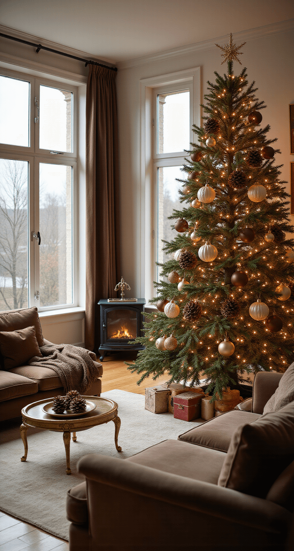 Brown Christmas Tree Decorations: A Sophisticated Holiday Styling Guide Elegant living room with a brown Christmas tree adorned in rich chocolate and cognac ornaments, warm morning light streaming through large windows, featuring a plush taupe velvet sofa, brass coffee table with pinecones, hardwood floors, a cozy glowing fireplace, and luxurious textures throughout.