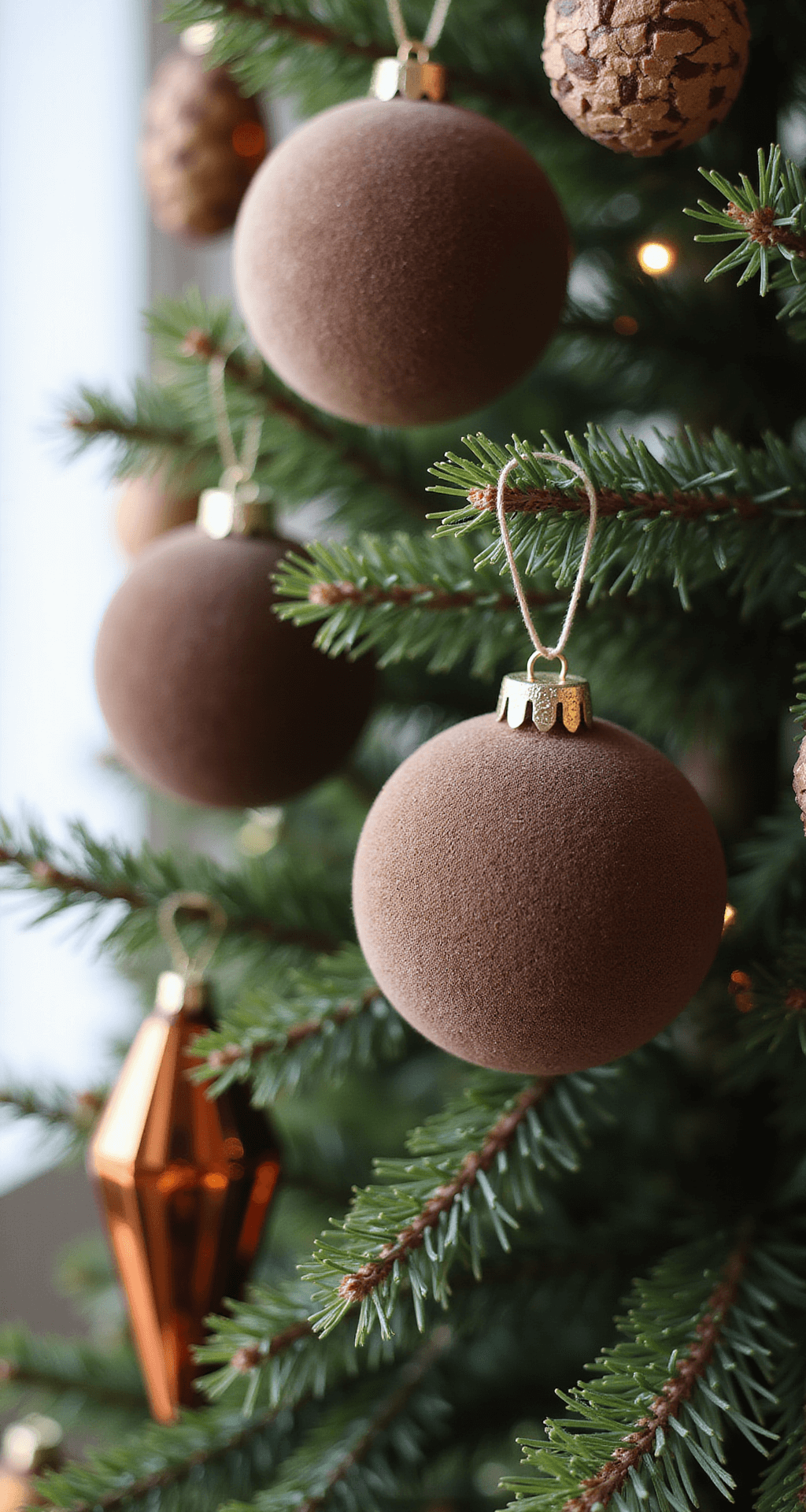 Brown Christmas Tree Decorations: A Sophisticated Holiday Styling Guide Close-up of a Christmas tree adorned with espresso brown velvet ornaments, wooden pendants, and amber-toned glass pinecones. Soft natural light highlights rich textures like smooth glass, rough bark, and plush velvet against deep forest green branches, creating an intimate and warm atmosphere.