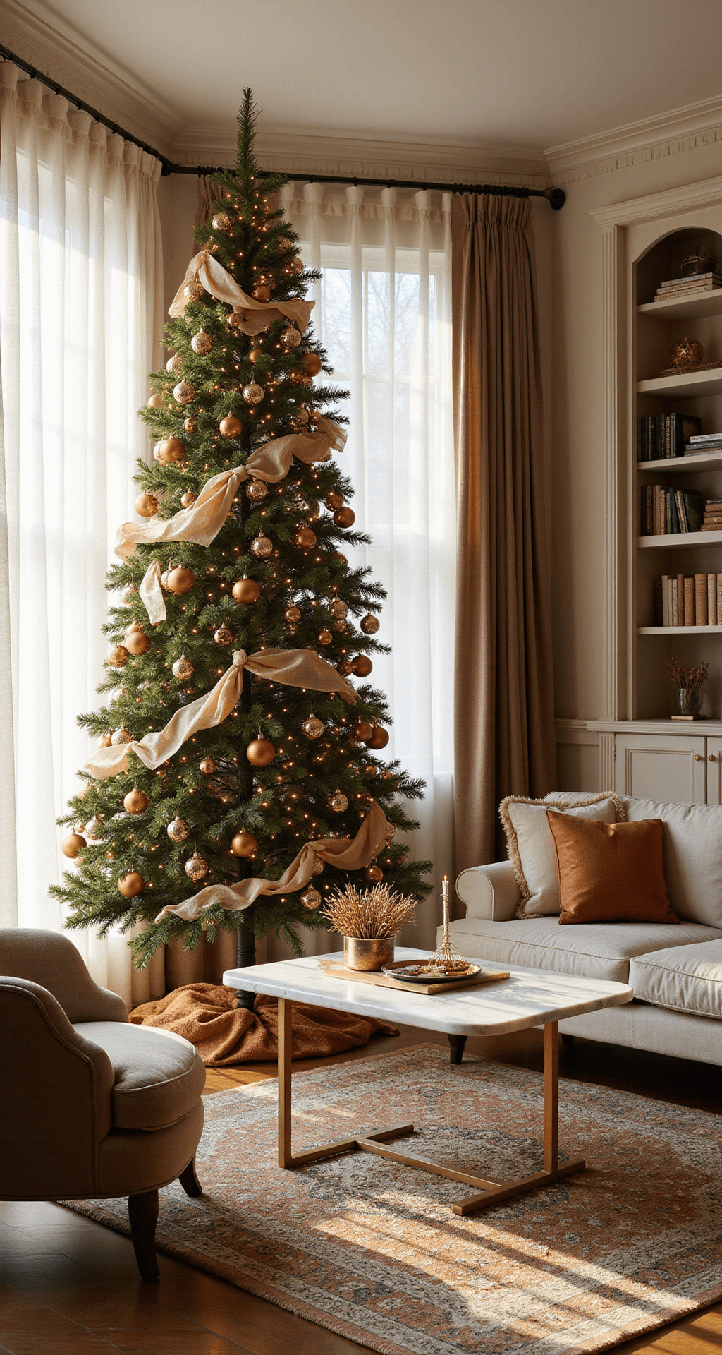 Brown Christmas Tree Decorations: A Sophisticated Holiday Styling Guide Sophisticated living room decorated for the holidays, featuring a large Christmas tree with cognac glass ornaments and cream ribbons, a neutral sectional sofa, marble coffee table, and warm-toned Persian rug, all illuminated by golden afternoon light filtering through sheer curtains.