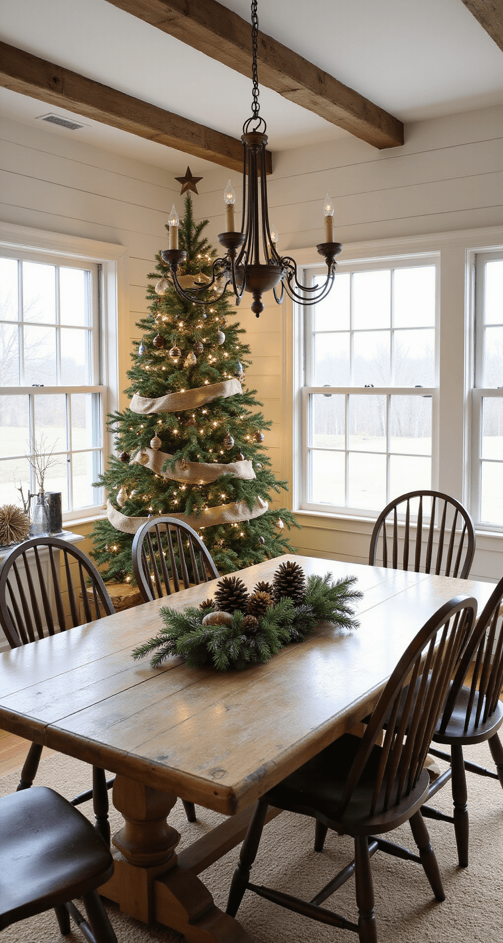 Brown Christmas Tree Decorations: A Sophisticated Holiday Styling Guide A rustic-elegant Christmas dining room featuring a reclaimed wood table with a pinecone centerpiece, surrounded by Windsor chairs under a vintage brass chandelier, illuminated by soft morning light from farmhouse windows. The scene includes a Christmas tree decorated with wooden ornaments and burlap ribbons, set against cream shiplap walls and exposed ceiling beams, creating a cozy countryside atmosphere with an earth tone palette.