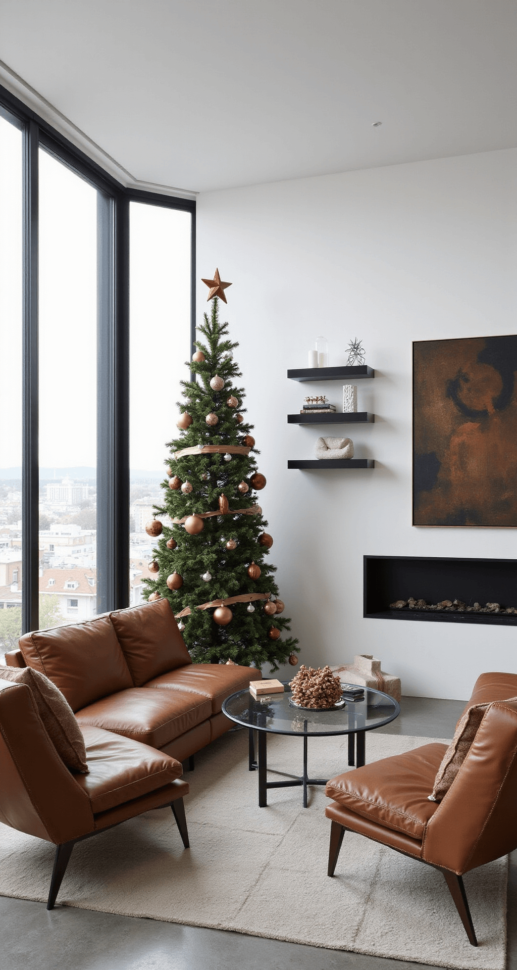 Brown Christmas Tree Decorations: A Sophisticated Holiday Styling Guide Modern minimalist living room featuring a brown Christmas tree with geometric ornaments, sleek brown leather furniture, and bright natural light from floor-to-ceiling windows, all set against white walls and concrete floors.