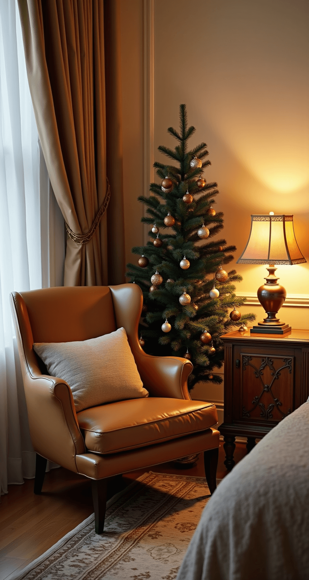 Brown Christmas Tree Decorations: A Sophisticated Holiday Styling Guide Cozy bedroom corner featuring a small brown-decorated Christmas tree, an upholstered camel leather reading chair, and a vintage brass-accented side table, all illuminated by soft lamplight, with a Persian runner on hardwood floors and flowing curtains by the window, creating an intimate and peaceful ambiance.