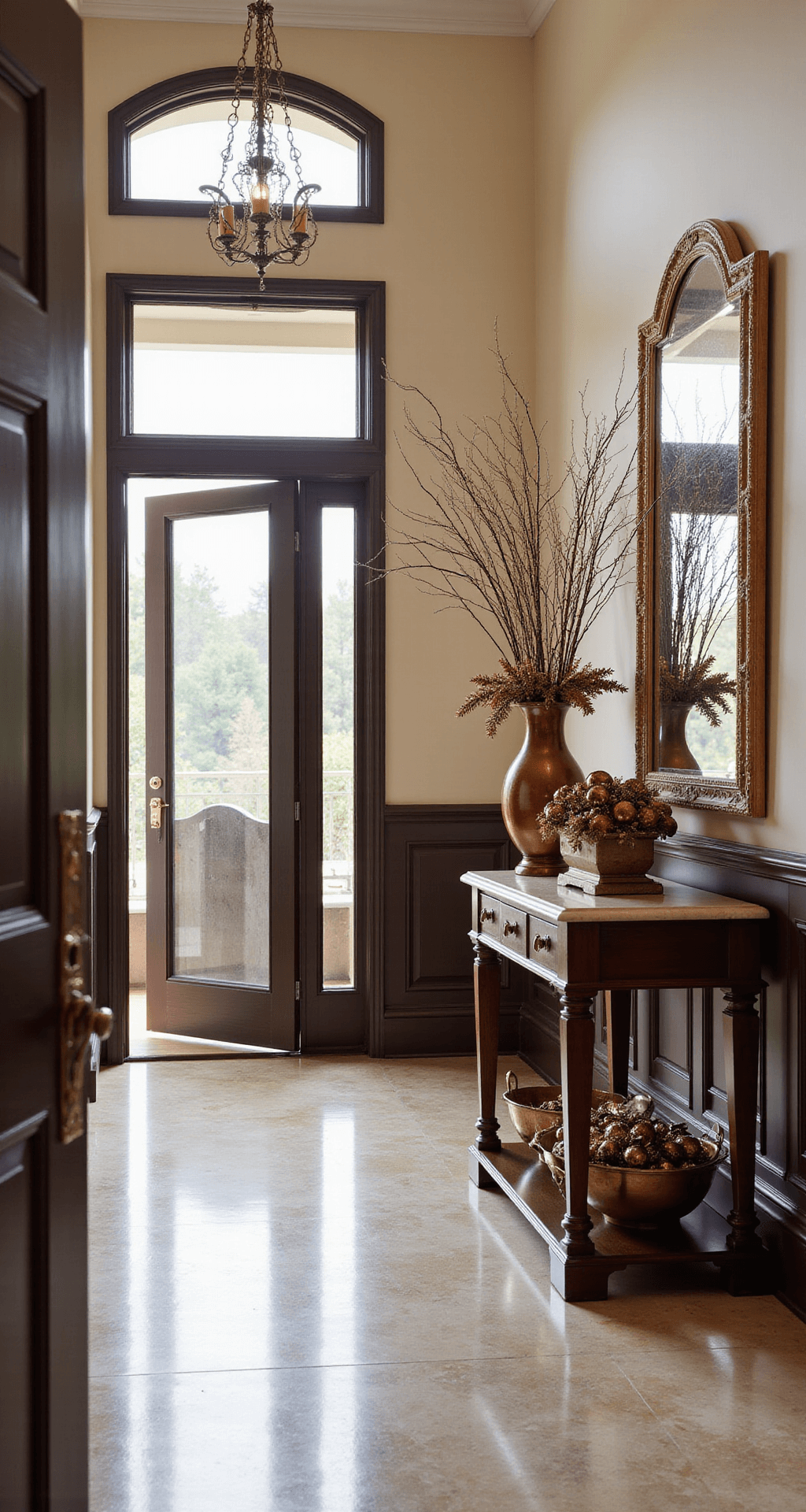 Brown Christmas Tree Decorations: A Sophisticated Holiday Styling Guide Elegant entryway foyer with brown Christmas decor, featuring a dark walnut console table adorned with holiday arrangements, tall branches in a copper vase, and metallic garland. Natural light from transom windows illuminates the marble floors and ornate mirror, creating a sophisticated atmosphere with a rich brown and cream palette accented by copper.