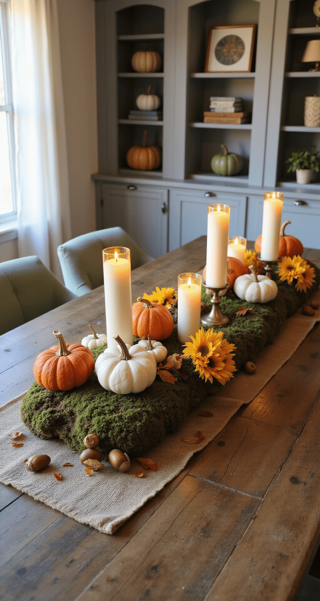 Dollar Tree Fall Decor DIYs: Transform Your Home on a Budget Wide angle shot of a farmhouse dining room at golden hour, featuring a rustic wooden table adorned with moss-covered pumpkins, LED pillar candles, faux sunflowers, and decorative acorns, set against sheer curtains that let in warm sunlight and a background of curated fall decor on built-in shelves.