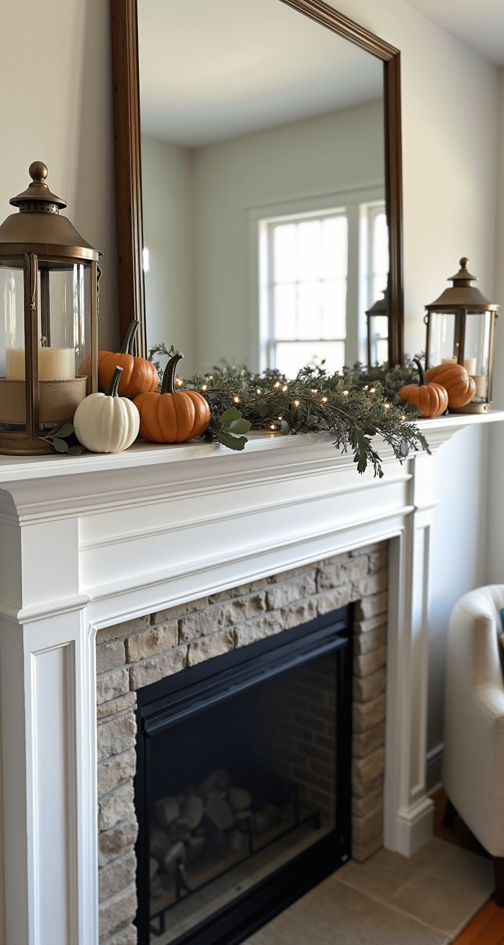 Dollar Tree Fall Decor DIYs: Transform Your Home on a Budget Eye-level view of a fall-themed mantelpiece in a modern farmhouse living room, featuring a white shiplap mantel decorated with asymmetrical arrangements of blue, rust, and ivory pumpkins, burlap ribbon, eucalyptus sprigs, and fairy lights, flanked by vintage brass lanterns, with a large mirror reflecting the warm space above and a cozy stone fireplace below.