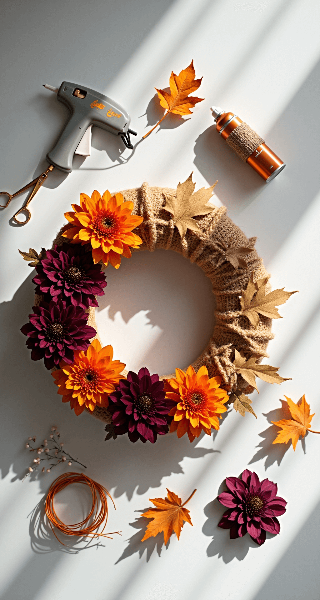 Dollar Tree Fall Decor DIYs: Transform Your Home on a Budget Overhead flat lay of a fall wreath arrangement on a white marble surface, featuring faux burgundy mums, orange dahlias, and gold spray-painted leaves, with crafting tools like a hot glue gun and burlap ribbon, all in rich autumn hues.