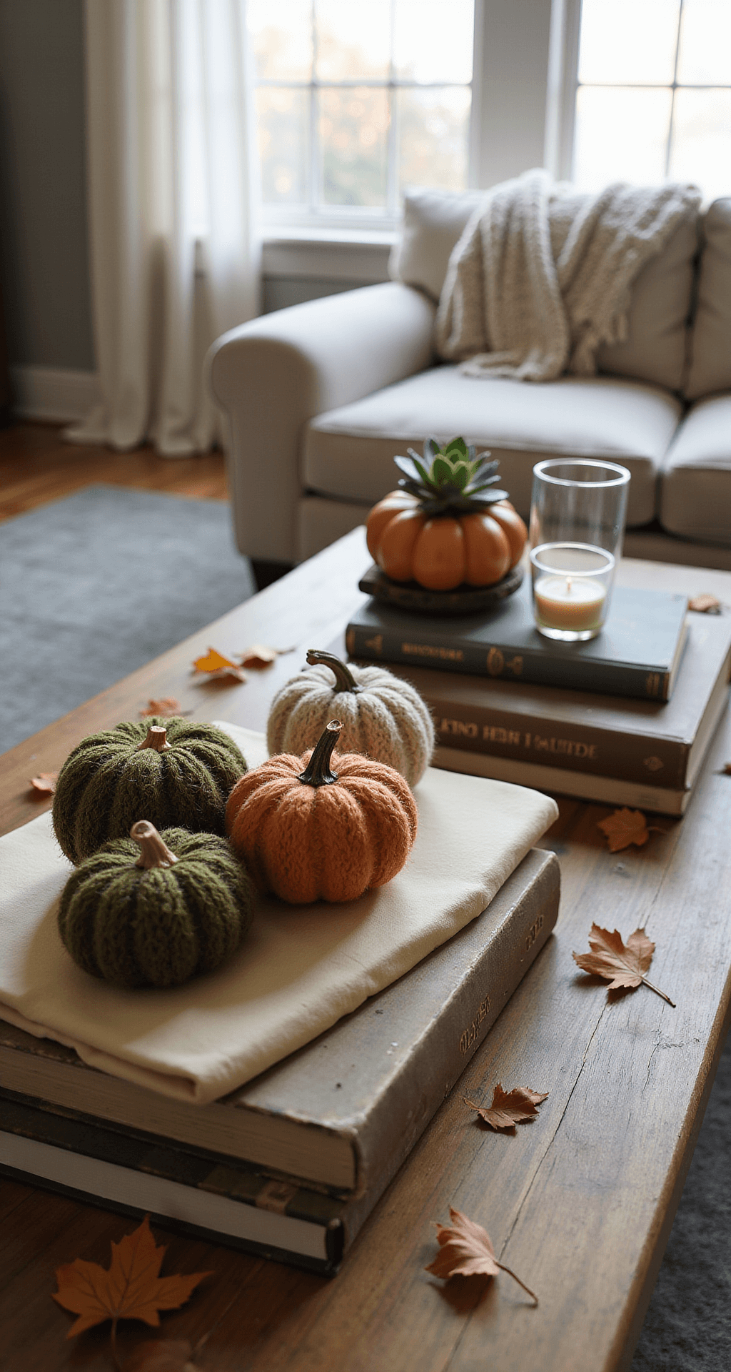 Dollar Tree Fall Decor DIYs: Transform Your Home on a Budget Intimate close-up of a cozy autumn coffee table vignette featuring a reclaimed wood table with small textured pumpkins, vintage books, a small succulent, a hurricane glass candle, and scattered autumn leaves, all bathed in soft window light.