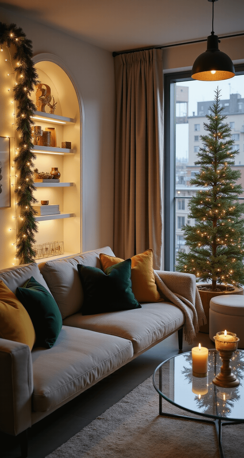 Magical Christmas Decor for Small Apartments: Transform Your Tiny Space into a Festive Wonderland Modern apartment living space at twilight, featuring string lights on white shelving, a gray sectional with vibrant holiday cushions, a wall-mounted slim Christmas tree, and polished concrete floors, all under soft industrial lighting.