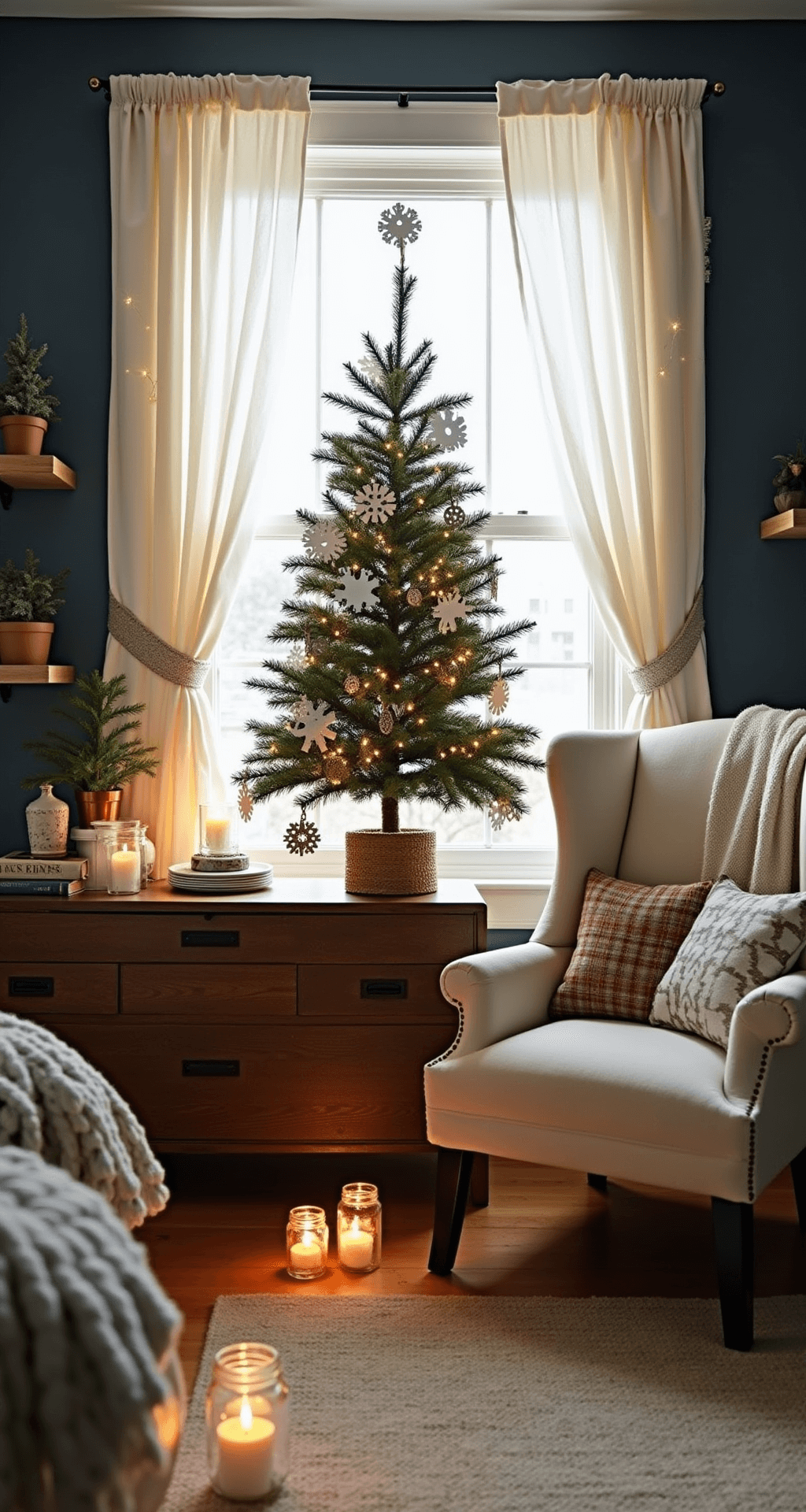 Magical Christmas Decor for Small Apartments: Transform Your Tiny Space into a Festive Wonderland Charming one-bedroom apartment corner bathed in morning light, featuring a tabletop Christmas tree, paper snowflakes, and pinecone garlands, with a navy blue accent wall and vintage decor. A cream wingback chair and jute rug enhance the warm, rustic holiday atmosphere.