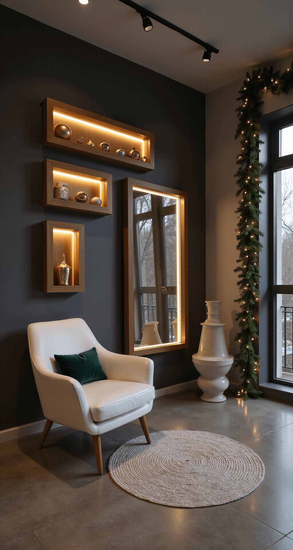 Magical Christmas Decor for Small Apartments: Transform Your Tiny Space into a Festive Wonderland A high-angle view of a contemporary efficiency apartment at evening, featuring dramatic uplighting from LED strips highlighting a vertical Christmas display. The charcoal gray walls contrast with white modern furniture and emerald velvet accents. Asymmetrically arranged floating wooden shelves hold metallic ornaments, while a minimalist garland frames a large mirror reflecting twinkling lights. Polished concrete floors and a geometric area rug complete the sophisticated, stylish interior.