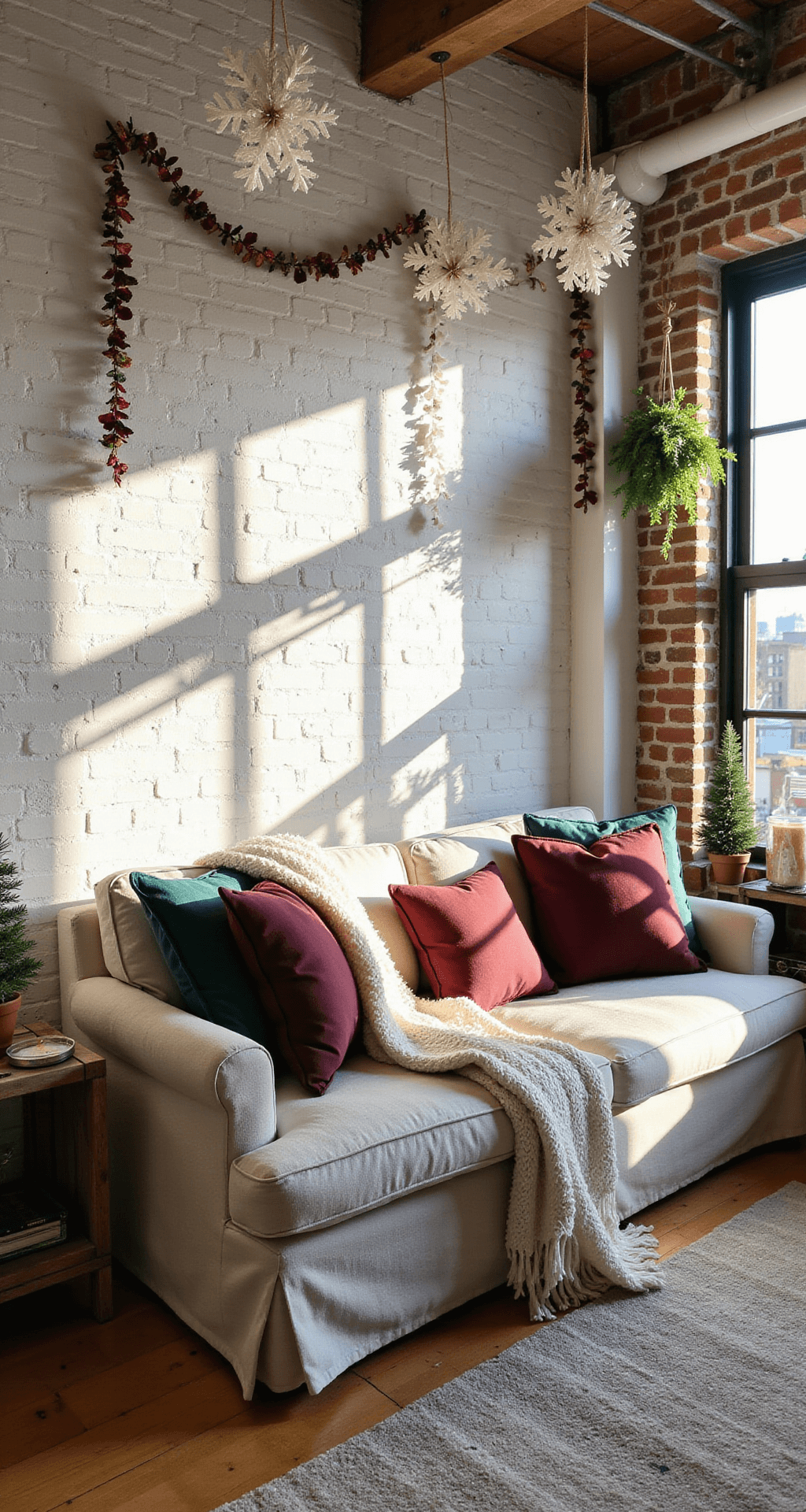 Magical Christmas Decor for Small Apartments: Transform Your Tiny Space into a Festive Wonderland A cozy loft apartment living area filled with afternoon sunlight casting shadows on whitewashed brick walls adorned with garlands made of recycled ribbon. The compact sectional sofa, upholstered in oatmeal linen, is accented with holiday pillows in burgundy and forest green, complemented by chunky cream wool throws. DIY paper snowflakes hang from the ceiling beams, adding depth. Vintage wooden crates serve as side tables, showcasing mason jar candles and small potted Norfolk pines. The image is taken from the kitchen area, highlighting the creative DIY decor and budget-friendly festive atmosphere.