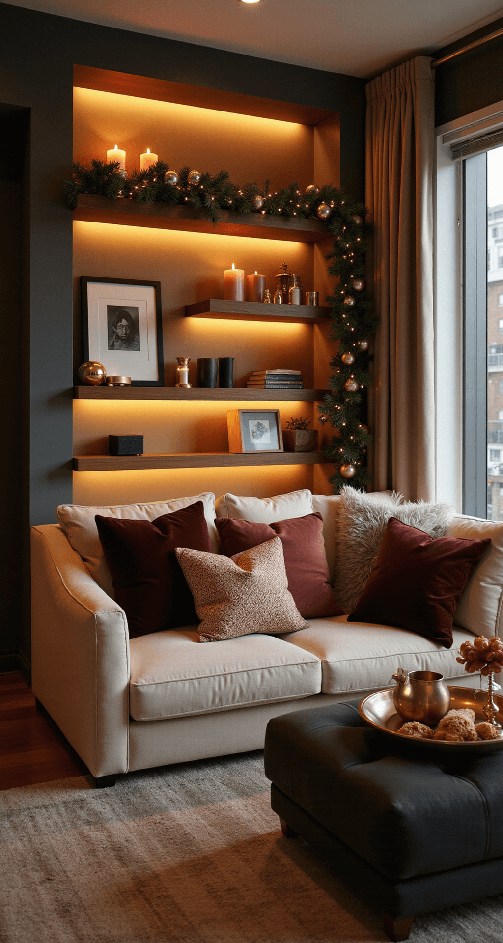 Magical Christmas Decor for Small Apartments: Transform Your Tiny Space into a Festive Wonderland Sophisticated evening scene of a studio apartment with warm amber lighting, sleek charcoal and cream furniture, and coordinated holiday decor in rose gold, deep burgundy, and sage green. Features peppermint-scented candles, cinnamon diffuser mist, metallic ornaments, and luxury textures like velvet and silk, showcasing elegant holiday styling.