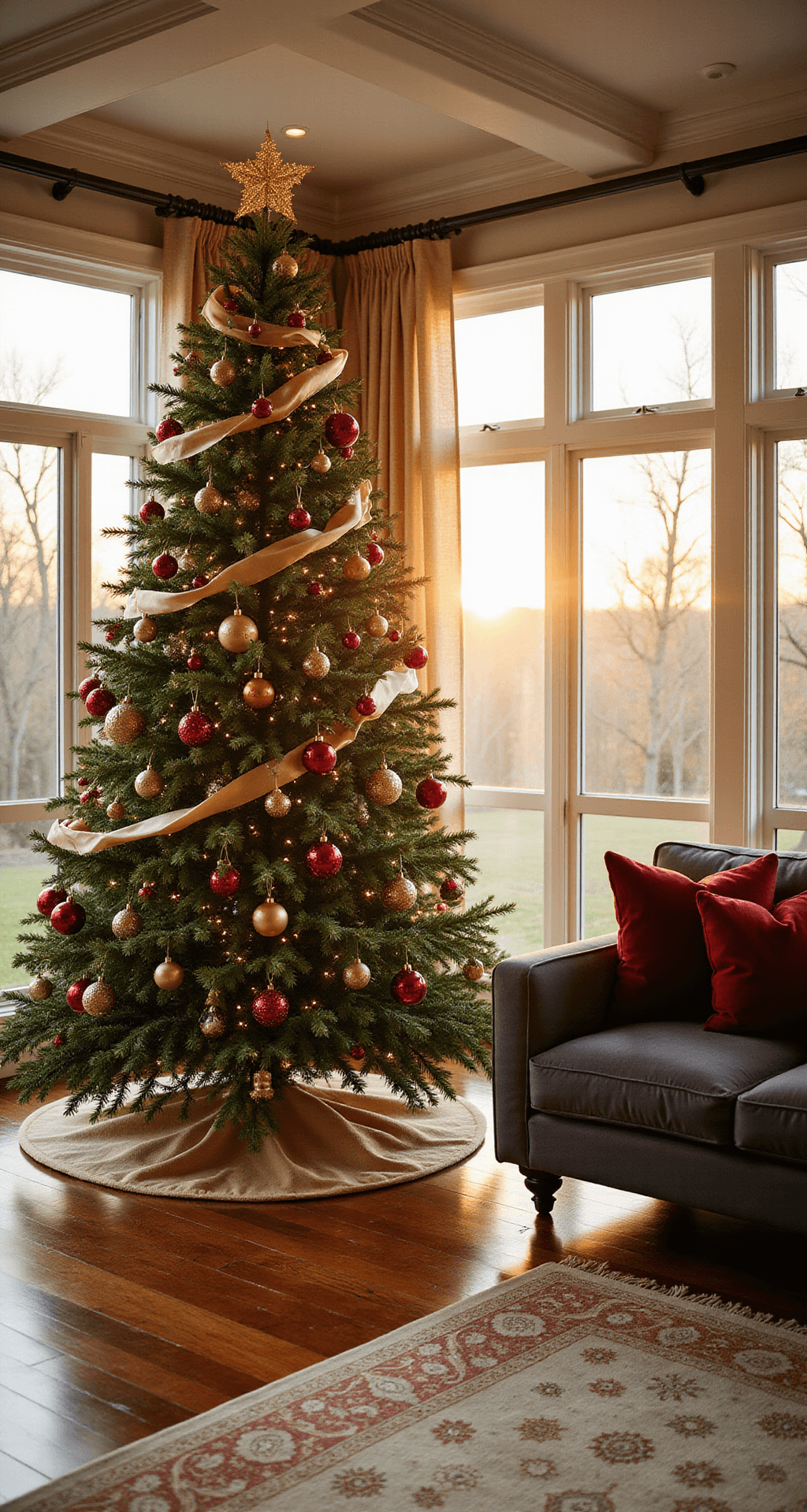 How to Decorate a Christmas Tree Like a Pro: A Step-by-Step Designer Guide Wide-angle shot of a spacious living room featuring a tall Fraser fir Christmas tree adorned with burgundy velvet ornaments and cream silk ribbon, illuminated by golden hour sunlight filtering through floor-to-ceiling windows, casting a warm glow on the rich mahogany hardwood floors and an ivory Persian rug beneath a gold tree skirt. A plush charcoal sectional sofa with crimson throw pillows completes the festive decor.