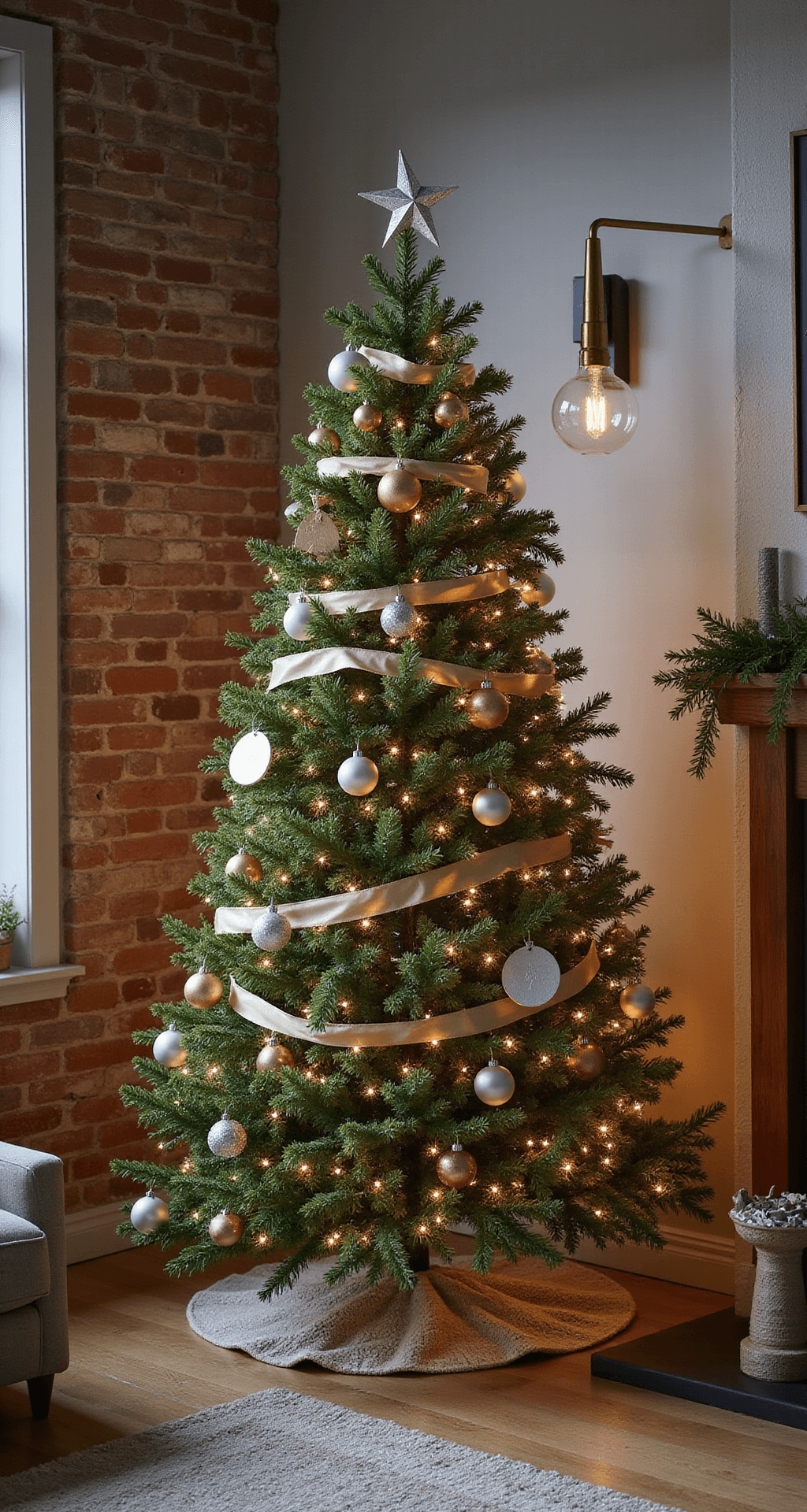 How to Decorate a Christmas Tree Like a Pro: A Step-by-Step Designer Guide A cozy den at dusk featuring an 8-foot Noble fir decorated with metallic ornaments in brushed silver, rose gold, and platinum, accented by champagne satin ribbon. The space includes an exposed brick wall, a reclaimed oak mantle with garland, and warm pendant lighting against pewter gray walls, with mid-century modern walnut furniture. The composition highlights the interplay of metallic textures and soft ambient lighting.