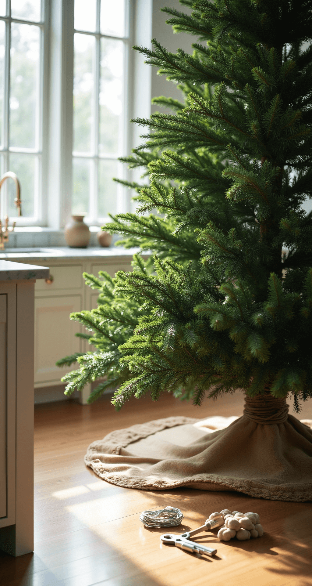 How to Decorate a Christmas Tree Like a Pro: A Step-by-Step Designer Guide Close-up shot of hands fluffing Fraser fir branches in morning light, with a burlap tree skirt and hardwood tools scattered nearby, showcasing a clean, minimalist kitchen background.