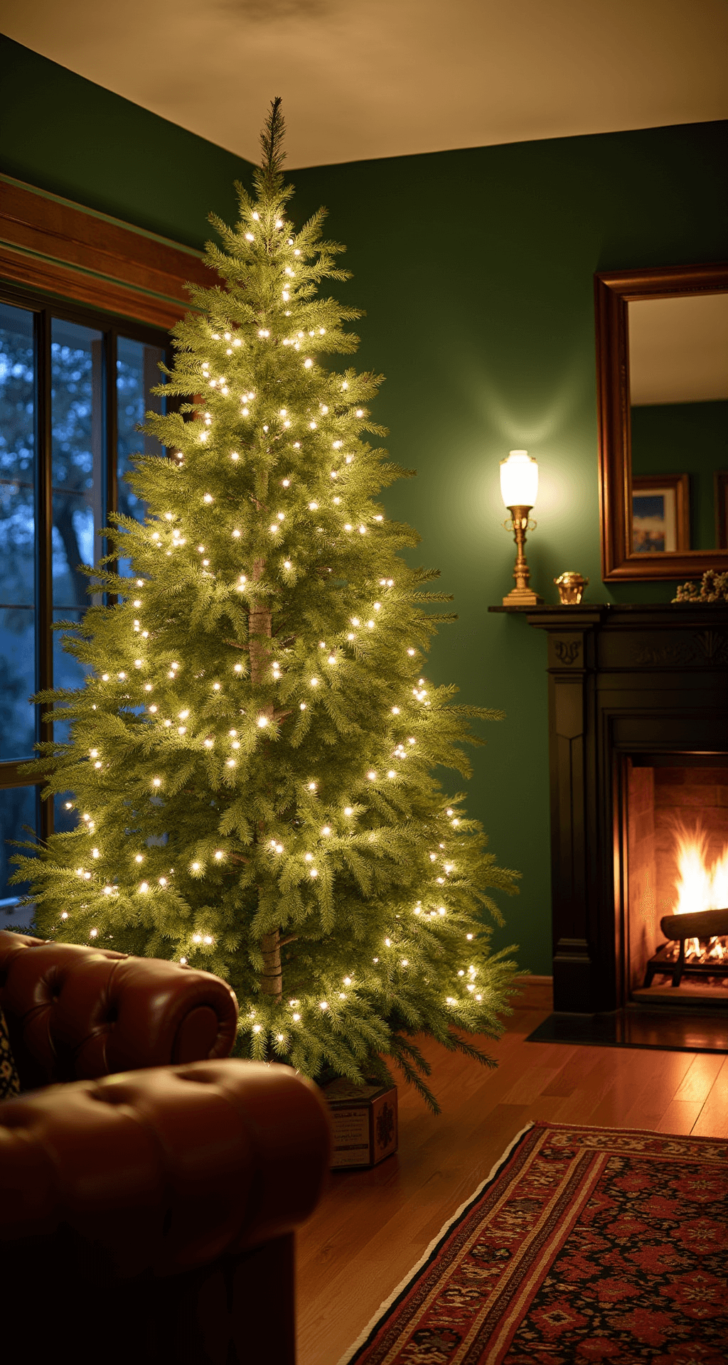 How to Decorate a Christmas Tree Like a Pro: A Step-by-Step Designer Guide Interior evening scene of a traditional living room with hunter green walls, featuring a 10-foot Nordmann fir being adorned with warm white LED string lights. A leather Chesterfield sofa in cognac sits nearby, and a Persian runner leads to the tree area. The crackling fireplace casts dancing shadows, enhancing the cozy holiday atmosphere. The image is captured from a slightly elevated angle, showcasing the enchanting glow of the lights among the branches.