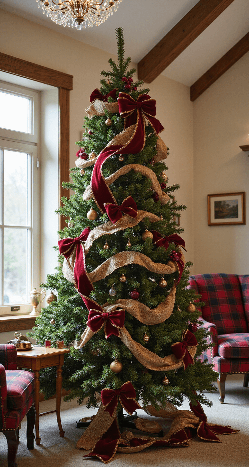 How to Decorate a Christmas Tree Like a Pro: A Step-by-Step Designer Guide A close-up of a Christmas tree adorned with burgundy velvet and gold-edged ribbon, cascading elegantly through emerald green branches. The tree is accented with mixed textures of satin, burlap, and organza ribbons, set against a living room backdrop with cream walls, oak beams, and tartan plaid armchairs. A crystal chandelier adds warm, ambient light, enhancing the rich textile textures and sophisticated holiday styling.