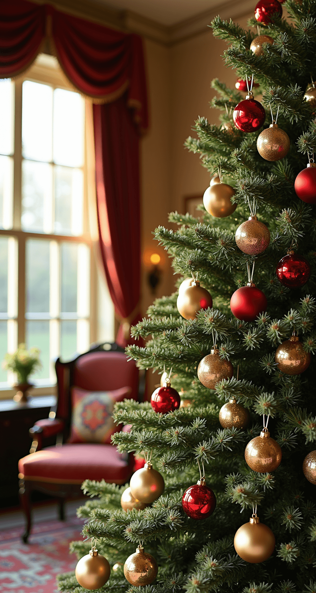 How to Decorate a Christmas Tree Like a Pro: A Step-by-Step Designer Guide A beautifully decorated Christmas tree with strategic ornament placement, featuring large vintage gold ornaments deep within the branches, medium red glass balls mid-branch, and delicate silver filigree pieces at the tips, set in a Victorian-style parlor with damask wallpaper and antique mahogany furniture, enhanced by soft morning golden hour lighting from bay windows reflecting off the glass ornaments.