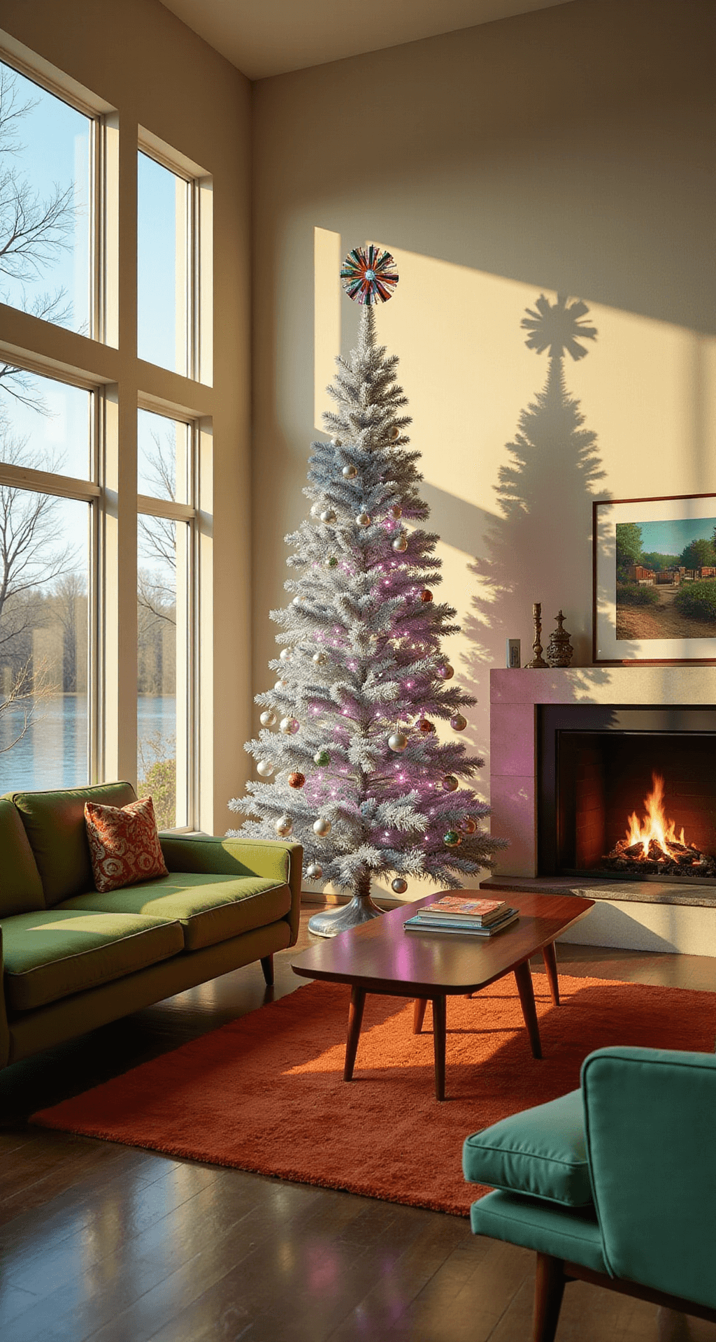Retro Christmas Tree: A Nostalgic Holiday Decor Guide A photorealistic mid-century modern living room bathed in golden hour sunlight, featuring a silver aluminum Christmas tree with a rotating color wheel casting colorful shadows on cream walls, surrounded by vintage 1950s furniture including an avocado green sofa and a teak coffee table, all set on an atomic-pattern rug.