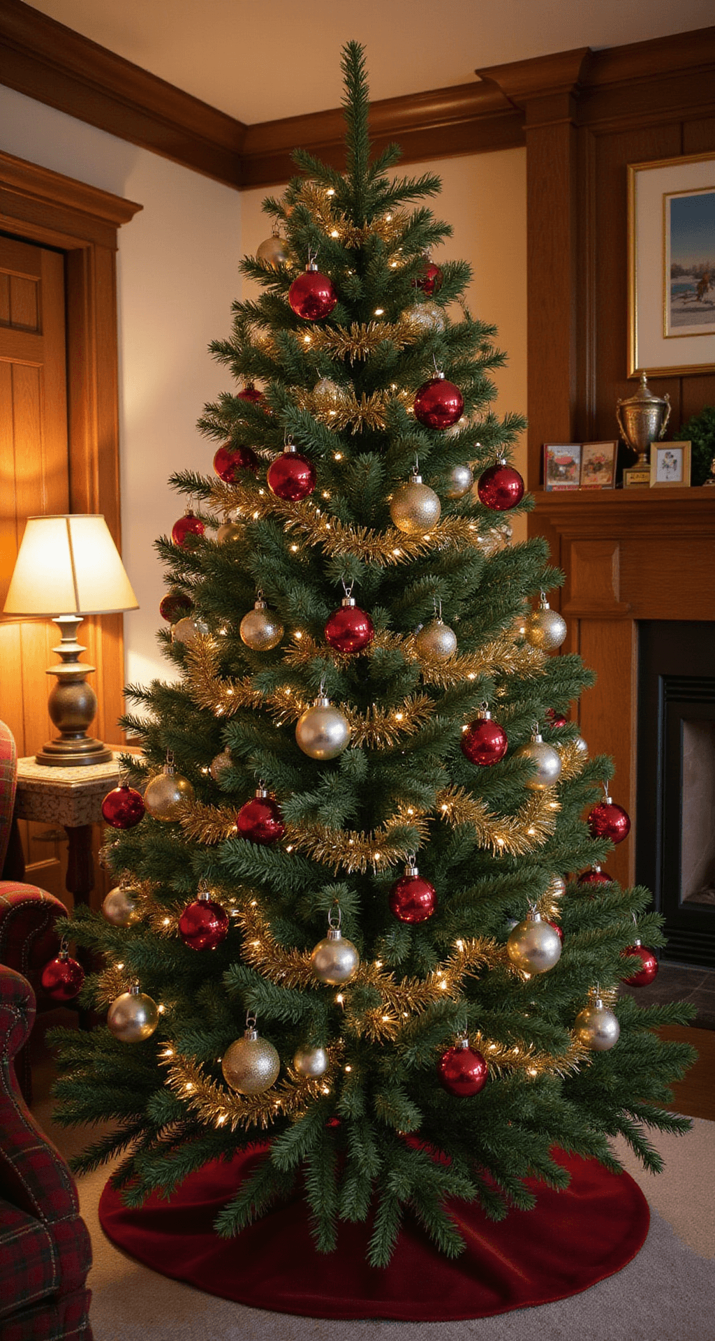 Retro Christmas Tree: A Nostalgic Holiday Decor Guide Cozy family den with warm evening lighting, featuring a decorated green Christmas tree with Shiny Brite ornaments, cascading tinsel, and multi-colored C7 bulbs. The room has wood-paneled walls, a plaid armchair, and vintage holiday cards on the mantle, captured from a low angle to highlight the tree's magical presence.