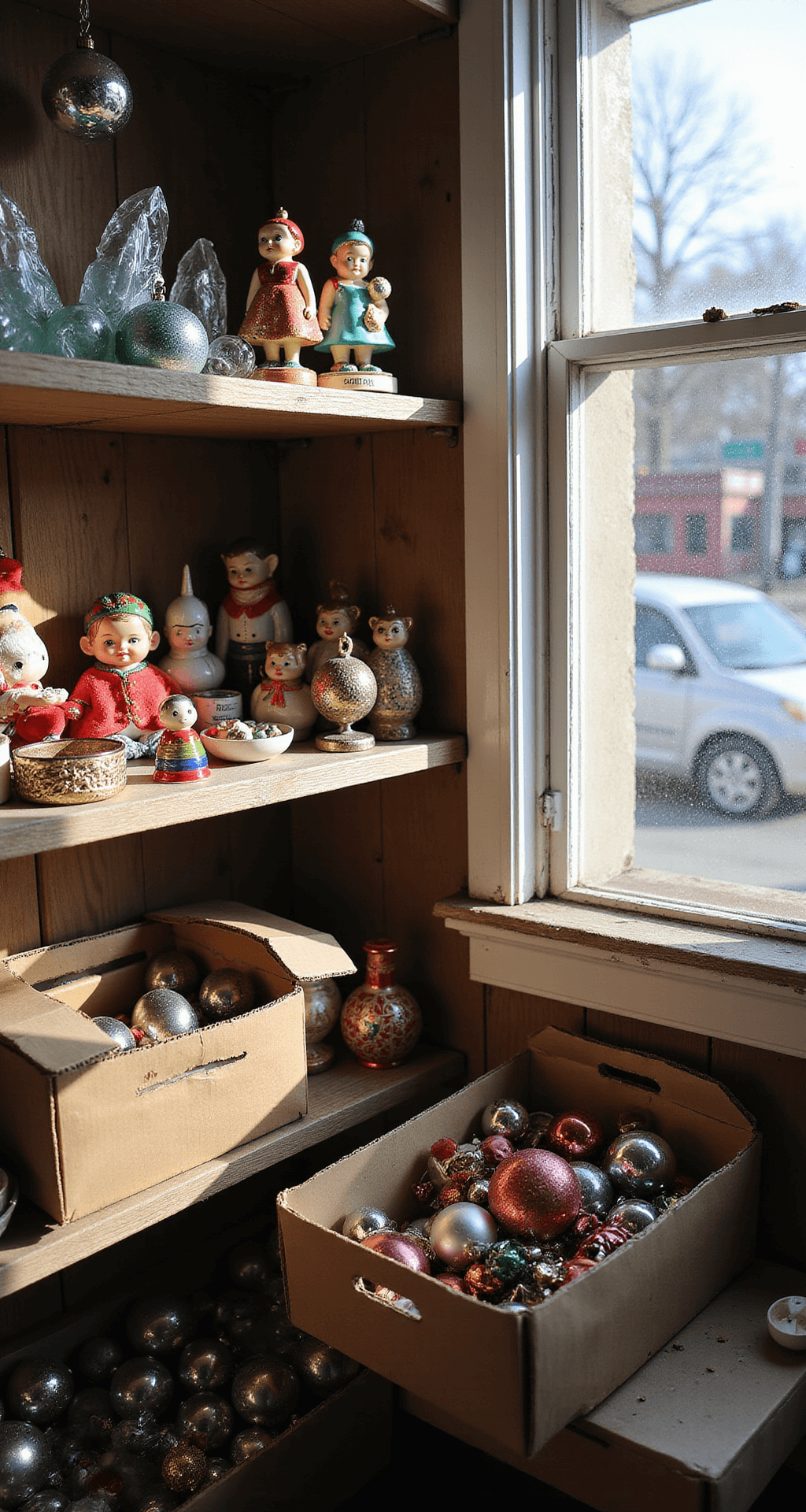 Retro Christmas Tree: A Nostalgic Holiday Decor Guide A cozy thrift store corner featuring a festive Christmas vignette illuminated by afternoon sunlight, showcasing a collection of vintage ornaments on weathered wooden shelves, including mercury glass baubles and mid-century figurines, surrounded by colorful decoration-filled cardboard boxes and a warm, nostalgic atmosphere.