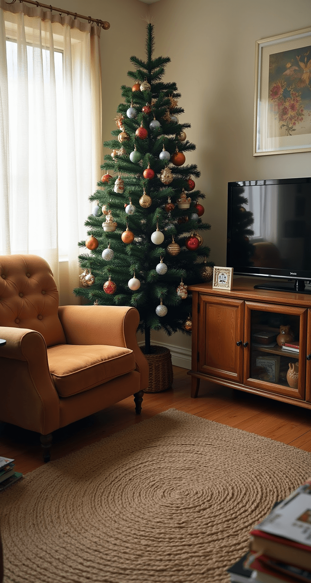 Retro Christmas Tree: A Nostalgic Holiday Decor Guide Cozy budget-friendly apartment decorated for Christmas, featuring a green artificial tree with retro ornaments, handmade decorations, and eclectic furniture in warm tones, all illuminated by morning sunlight through sheer curtains.