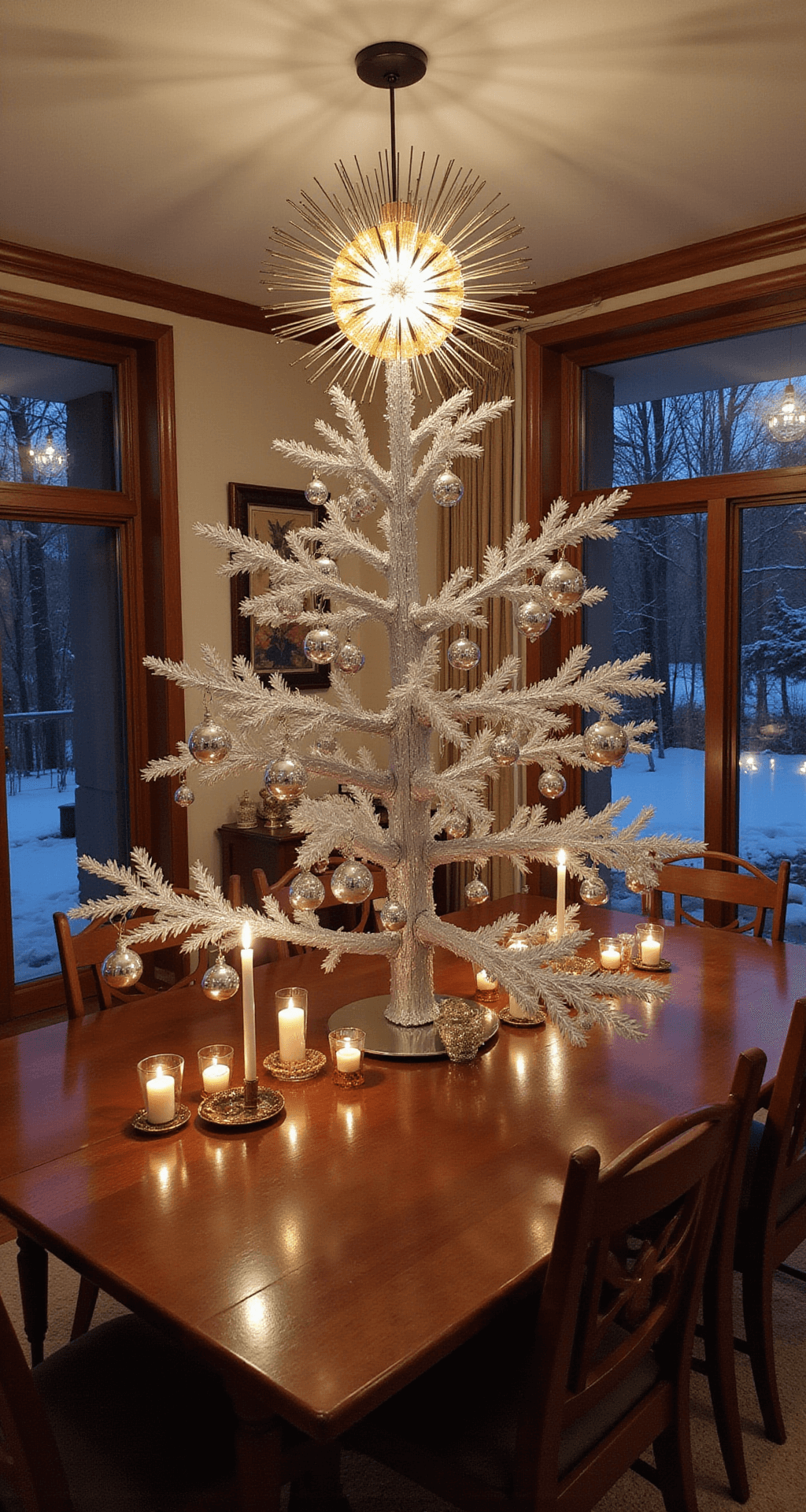 Retro Christmas Tree: A Nostalgic Holiday Decor Guide Elegant mid-century modern dining room illuminated by candlelight and a pendant lamp, featuring a sophisticated aluminum Christmas tree adorned with vintage glass ornaments in silver, gold, and deep red hues, alongside a clean-lined teak dining set and an atomic starburst chandelier, with snowy views visible through floor-to-ceiling windows.