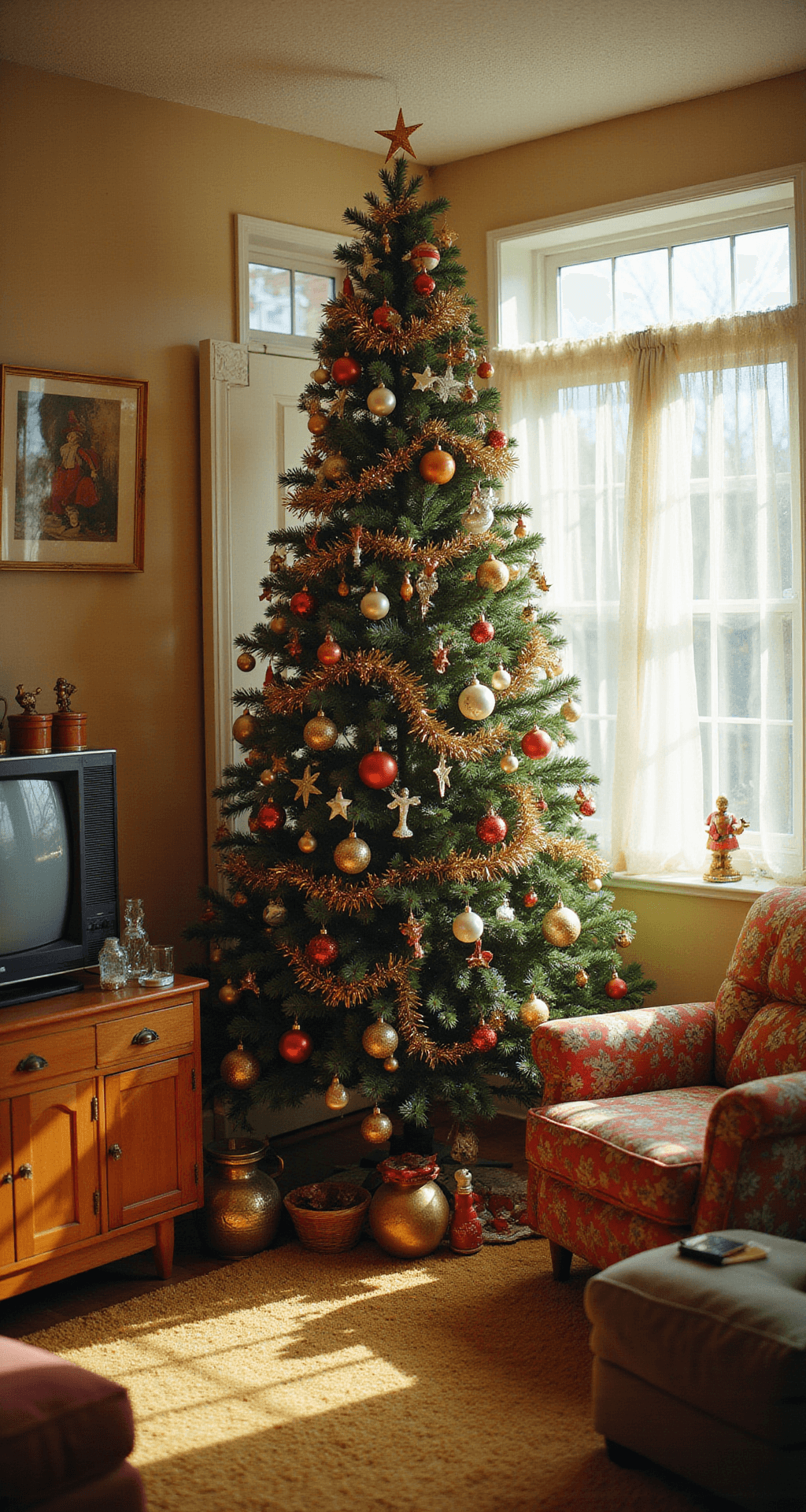 Retro Christmas Tree: A Nostalgic Holiday Decor Guide A cozy family room adorned for Christmas, featuring a retro tree with colorful ornaments and tinsel, vintage floral sofa, wood-grain console TV, and shag carpeting, all bathed in warm afternoon light.