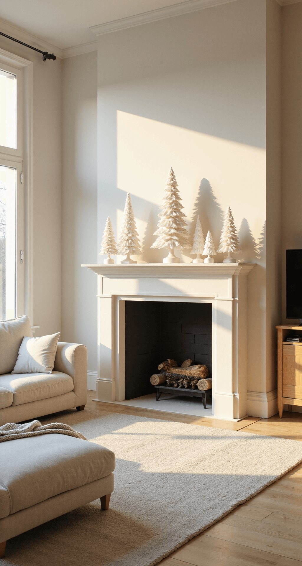 How to Create a Stunning Paper Christmas Tree: A DIY Guide for Festive Home Decor Wide-angle shot of a minimalist living room with a white sectional sofa, large windows letting in golden hour light, and a mantelpiece displaying an elegant collection of white paper Christmas trees in different heights, all set against cream walls and light oak floors.