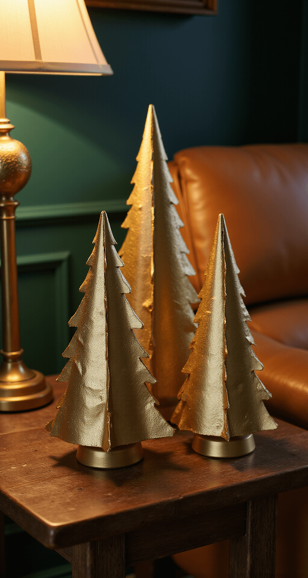 How to Create a Stunning Paper Christmas Tree: A DIY Guide for Festive Home Decor Close-up macro shot of a rustic wooden side table with a leather armchair beside it, featuring three metallic gold paper Christmas trees illuminated by warm lamplight from a brass table lamp, set against deep forest green walls and vintage brass accents.