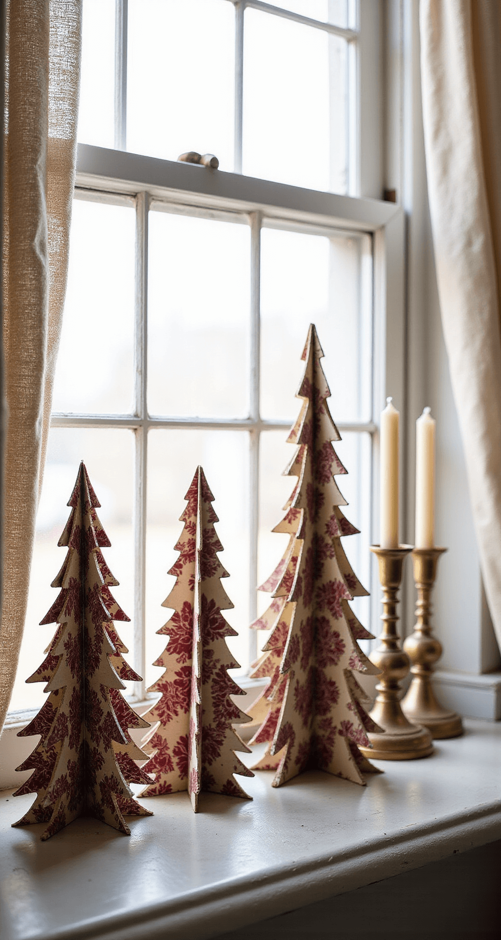 How to Create a Stunning Paper Christmas Tree: A DIY Guide for Festive Home Decor A cozy window sill vignette featuring vintage patterned paper trees in burgundy florals and cream damask, arranged with antique brass candlesticks. Soft morning light filters through sheer linen curtains, illuminating the weathered white window frame and showcasing intricate vintage patterns with gentle rim lighting.