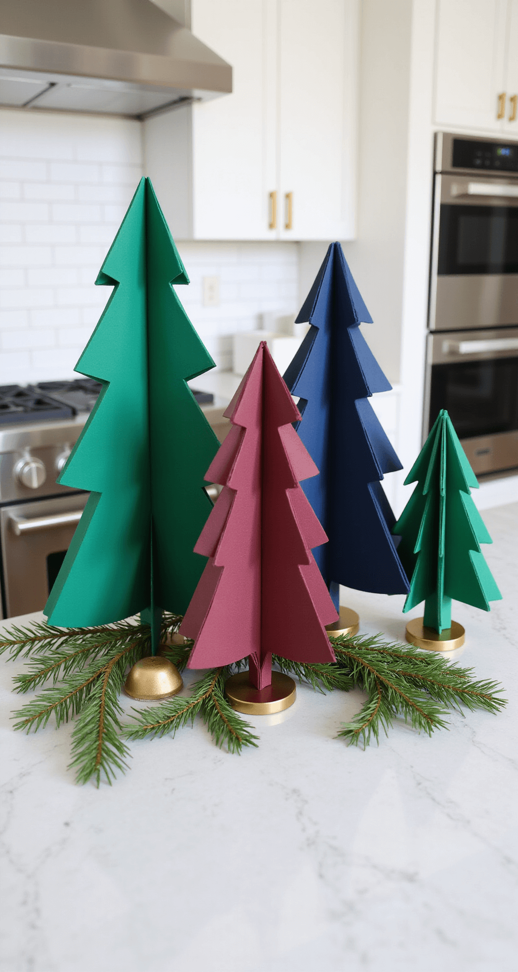 How to Create a Stunning Paper Christmas Tree: A DIY Guide for Festive Home Decor A modern kitchen counter featuring a white quartz surface adorned with solid holiday-colored paper trees in deep emerald, burgundy, and navy, alongside stainless steel appliances and a white subway tile backsplash, accented with brushed gold hardware and fresh pine sprigs, captured from a slight overhead angle.
