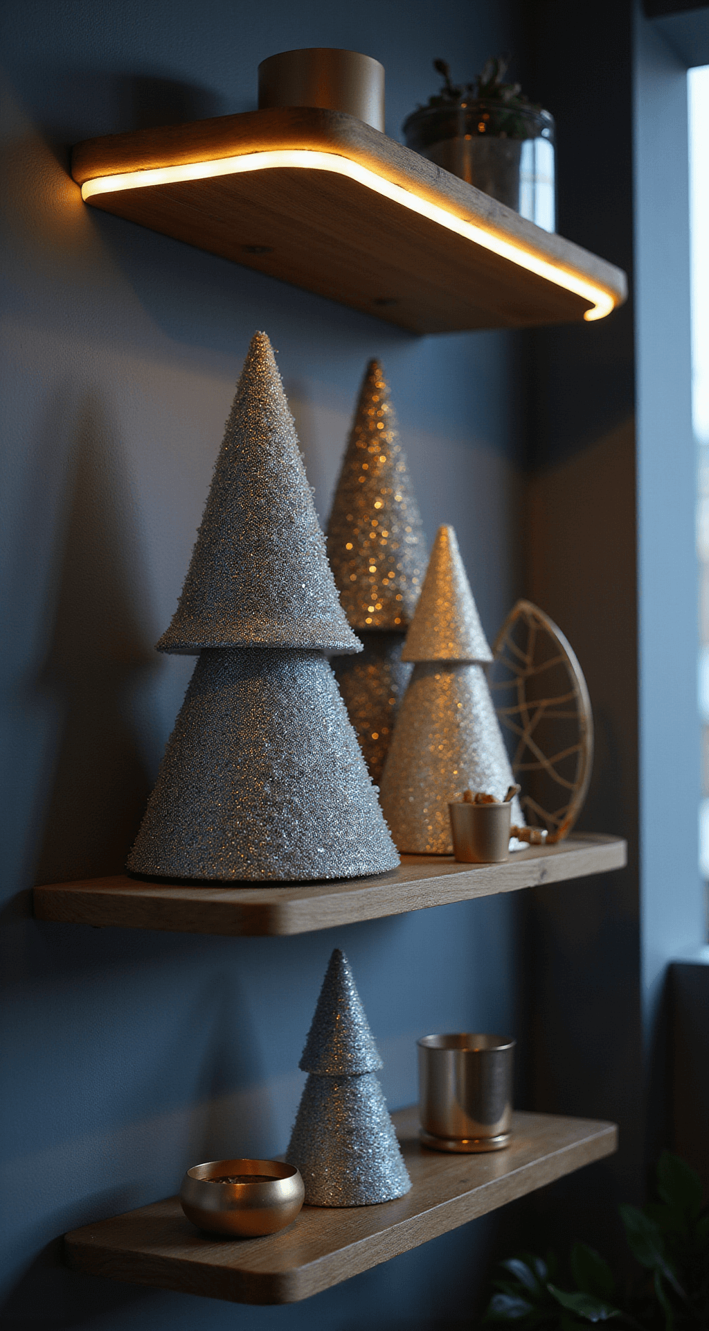 How to Create a Stunning Paper Christmas Tree: A DIY Guide for Festive Home Decor A low-angle view of an office shelf during blue hour, featuring glitter cardstock Christmas trees in silver and champagne sparkling under warm LED strip lighting, with modern walnut shelves and contemporary desk accessories reflecting light for a dramatic effect.