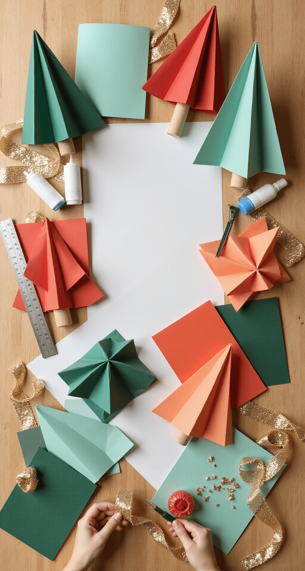 How to Create a Stunning Paper Christmas Tree: A DIY Guide for Festive Home Decor Overhead view of a craft table with scattered cardstock sheets in holiday colors, precision scissors, glue bottles, and semi-finished geometric paper trees, surrounded by glitter paper scraps and ribbon remnants, all illuminated by bright task lighting.