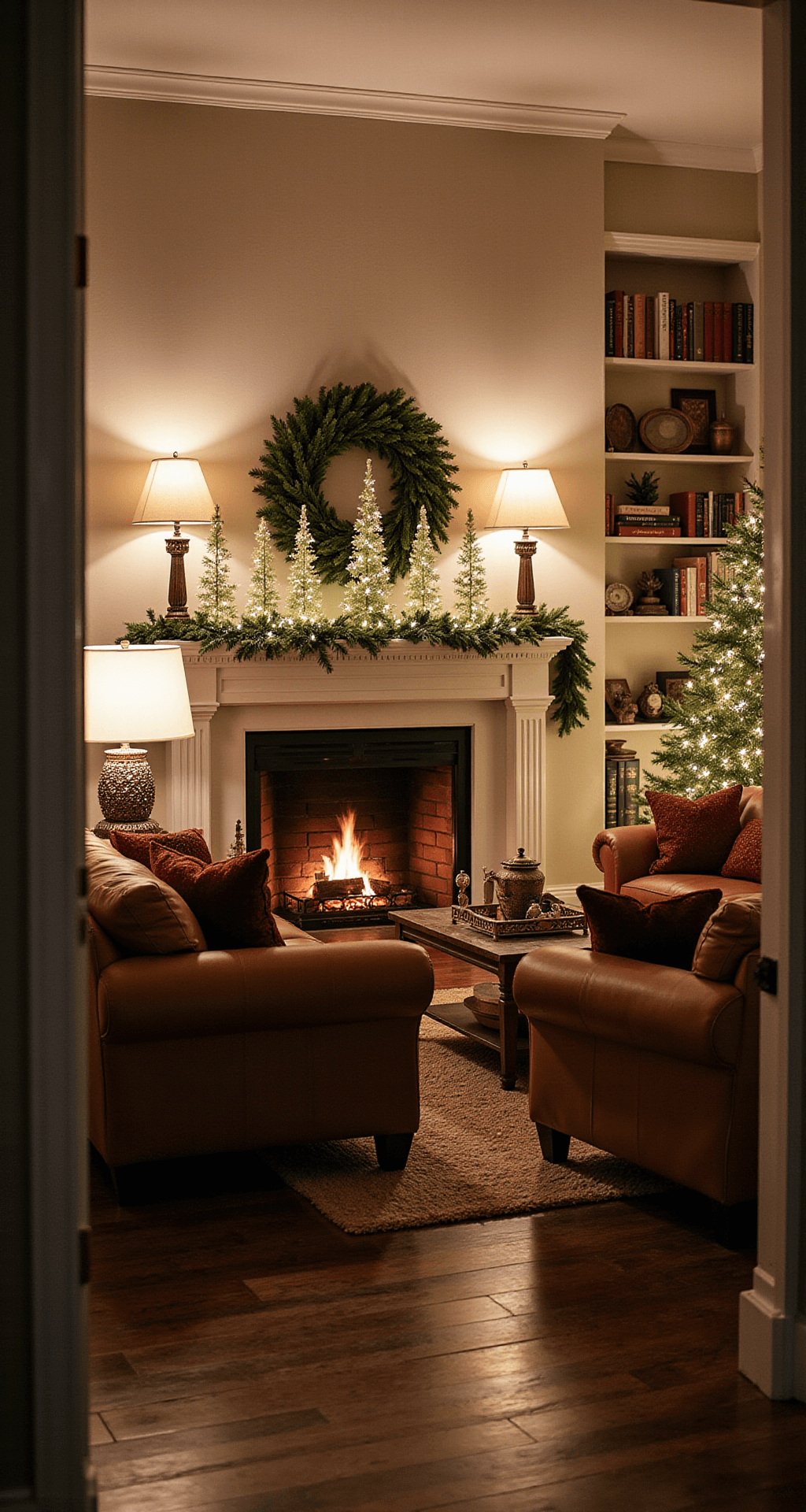 How to Create a Stunning Paper Christmas Tree: A DIY Guide for Festive Home Decor Wide shot of a cozy living room decorated for the holidays at twilight, featuring variously sized paper Christmas trees placed on the mantel, side tables, and bookshelf, adorned with battery-operated fairy lights. The warm color palette includes cream walls, cognac leather furniture, and rich burgundy textiles, illuminated by soft ambient lighting from multiple lamps. The camera is positioned at the doorway, emphasizing the inviting holiday décor.