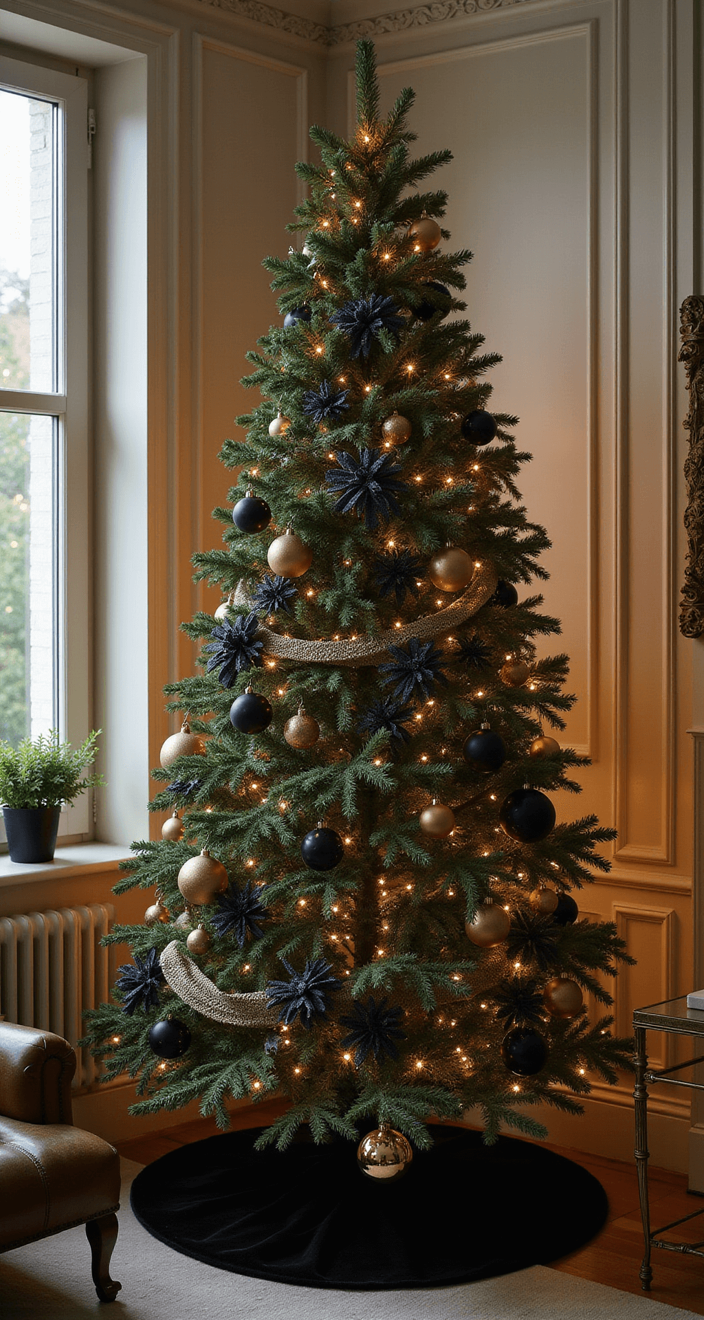 Moody Christmas Tree: Creating a Dark, Dramatic Holiday Masterpiece Low angle view of a majestic Christmas tree adorned with matte black and antique gold ornaments, set against a cream-walled room with olive undertones. The scene captures warm LED lights twinkling on textured decorations, including velvet ribbons and knitted garlands, with a dark velvet tree skirt at the base. A vintage leather armchair and brass side table are visible, all illuminated by soft window light and string lights, creating a moody atmosphere during twilight.