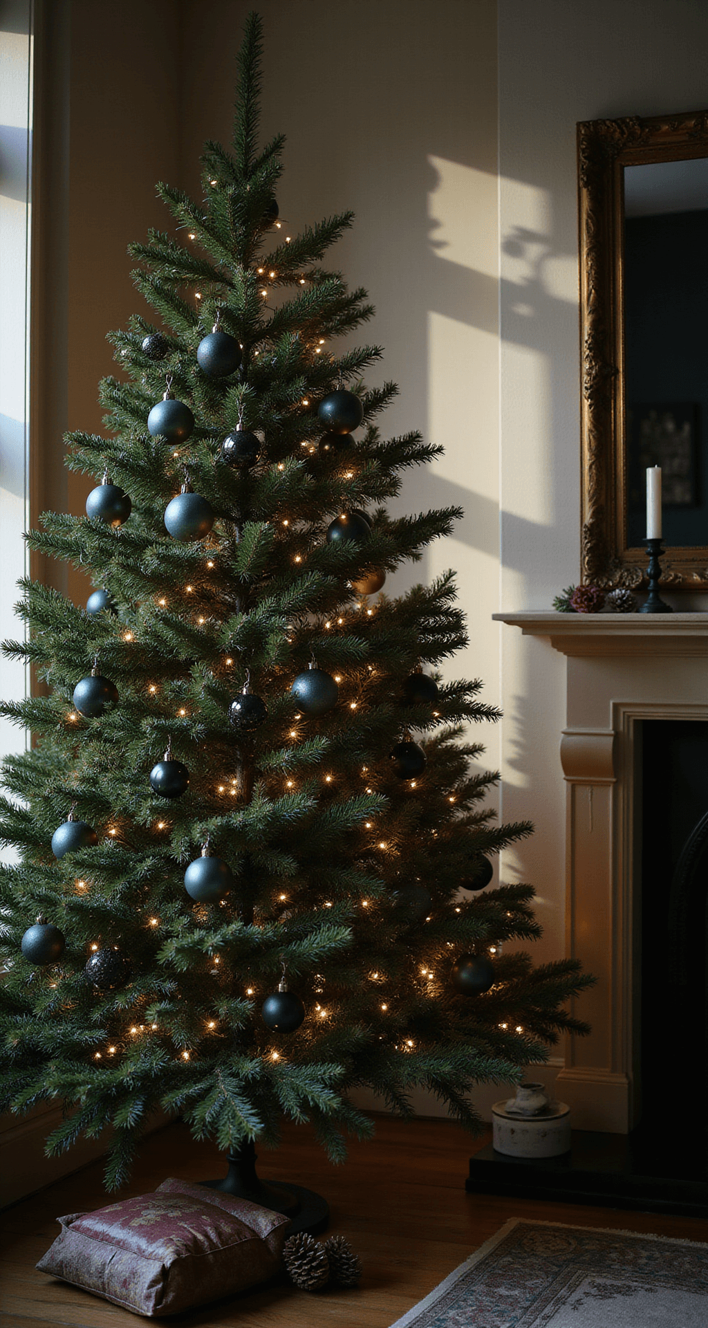 Moody Christmas Tree: Creating a Dark, Dramatic Holiday Masterpiece Dramatic low-light portrait of a Christmas tree vignette with lush dark emerald branches adorned with vintage mercury glass ornaments in smoky blue and matte black, casting shadows on cream walls, set against a modern minimalist room with olive undertones, complemented by rich burgundy accents and antique gold details, enhanced by the interplay of light and shadow.