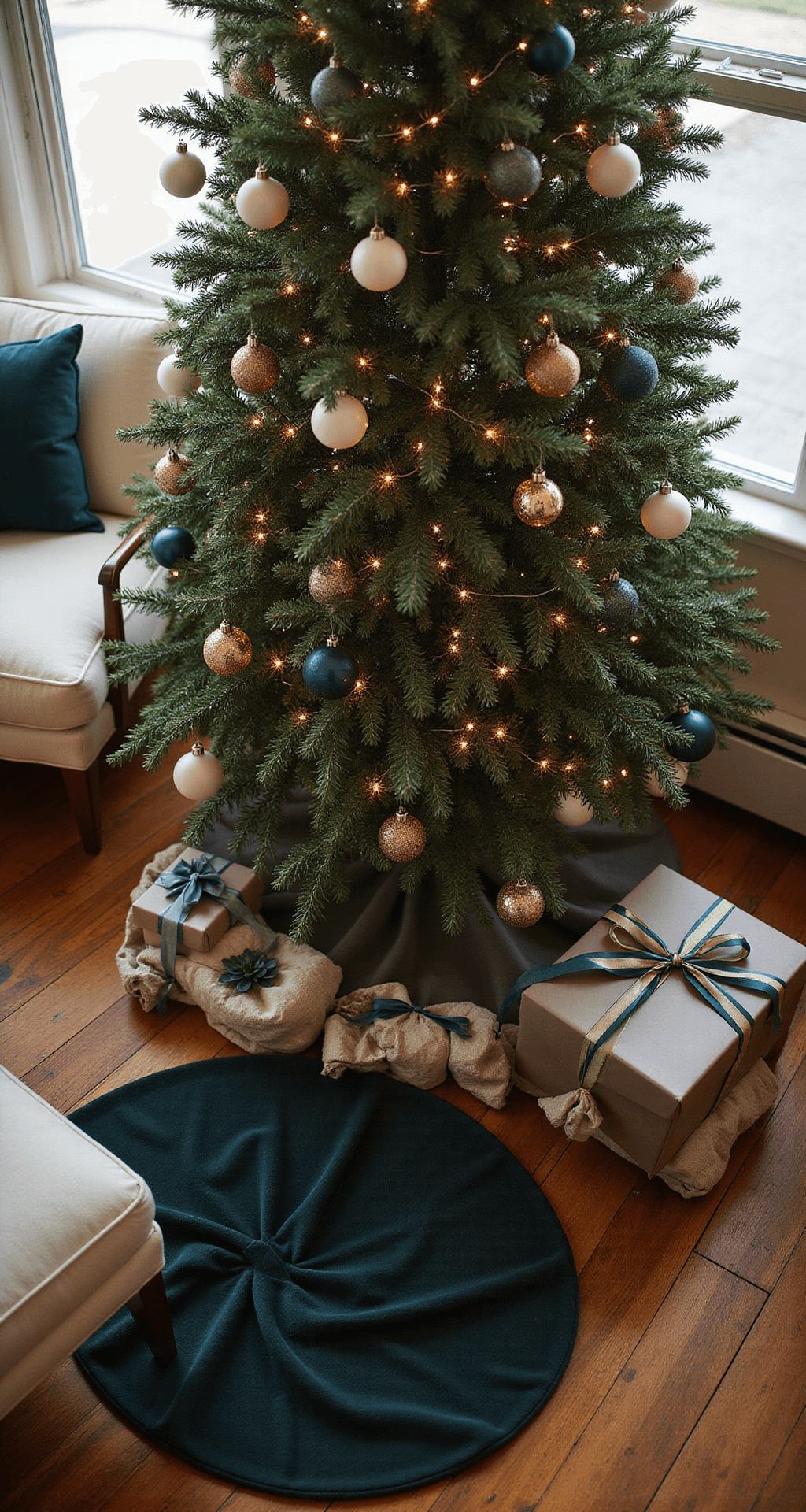 Moody Christmas Tree: Creating a Dark, Dramatic Holiday Masterpiece Elevated view of a moody Christmas tree setup featuring a dark flocked tree on rich hardwood floors, adorned with vintage-inspired ornaments in deep emerald, smoky blue, and antique bronze, accompanied by a dark velvet tree skirt and wrapped gifts. The scene is enhanced by natural light and warm string lights, framed by cream and taupe furniture, showcasing a sophisticated and curated holiday aesthetic.