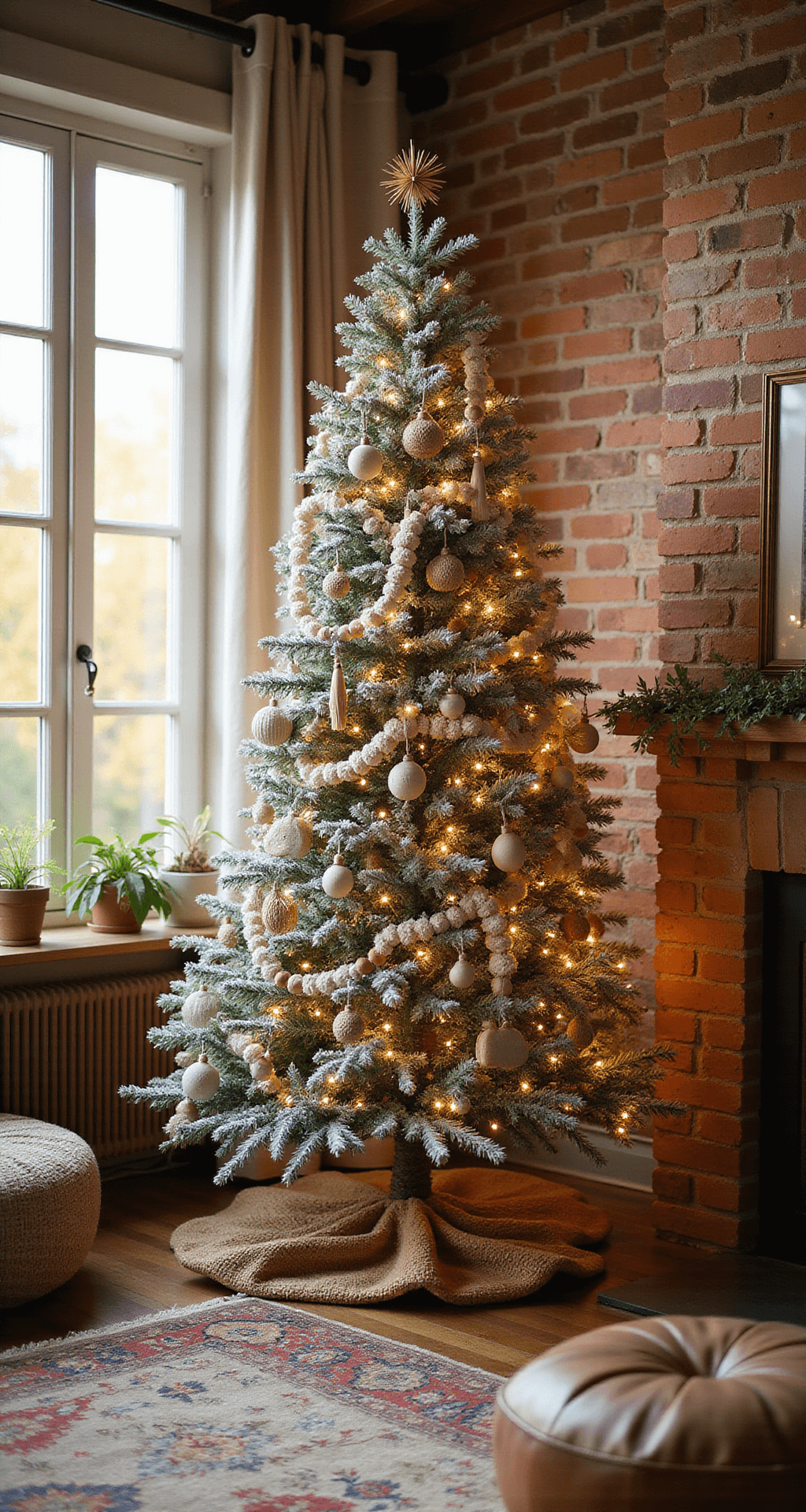 Boho Christmas Tree: A Free-Spirited Holiday Centerpiece A spacious boho living room bathed in golden hour light, featuring a flocked Christmas tree adorned with macramé garlands and natural ornaments, surrounded by layered rugs and hanging plants against an exposed brick wall.
