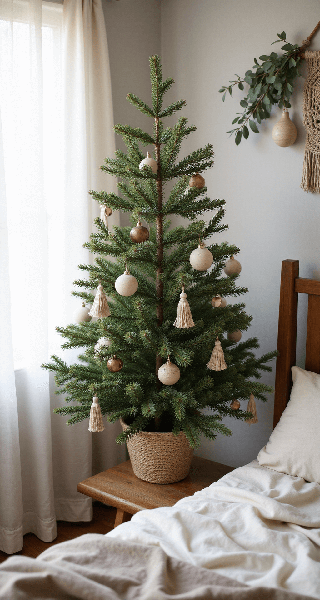 Boho Christmas Tree: A Free-Spirited Holiday Centerpiece Cozy boho bedroom nook featuring a medium-sized natural green Christmas tree on a vintage wooden plant stand, adorned with handcrafted tassels and ceramic ornaments in earthy tones, surrounded by unmade linen bedding and hanging macramé wall art, all bathed in soft morning light.