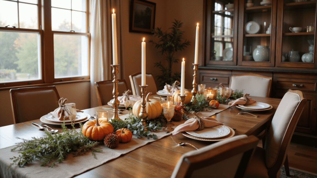 Creating a Fall Harvest Tablescape: Bringing Autumn's Warmth to Your Dining Table Elegant autumn dining room with a deep burgundy and soft blush tablescape, featuring rustic elements like linen runner, vintage brass candleholders, heirloom pumpkins, eucalyptus, and flickering mercury glass votives, all set on a mahogany table surrounded by taupe chairs, illuminated by golden hour light.