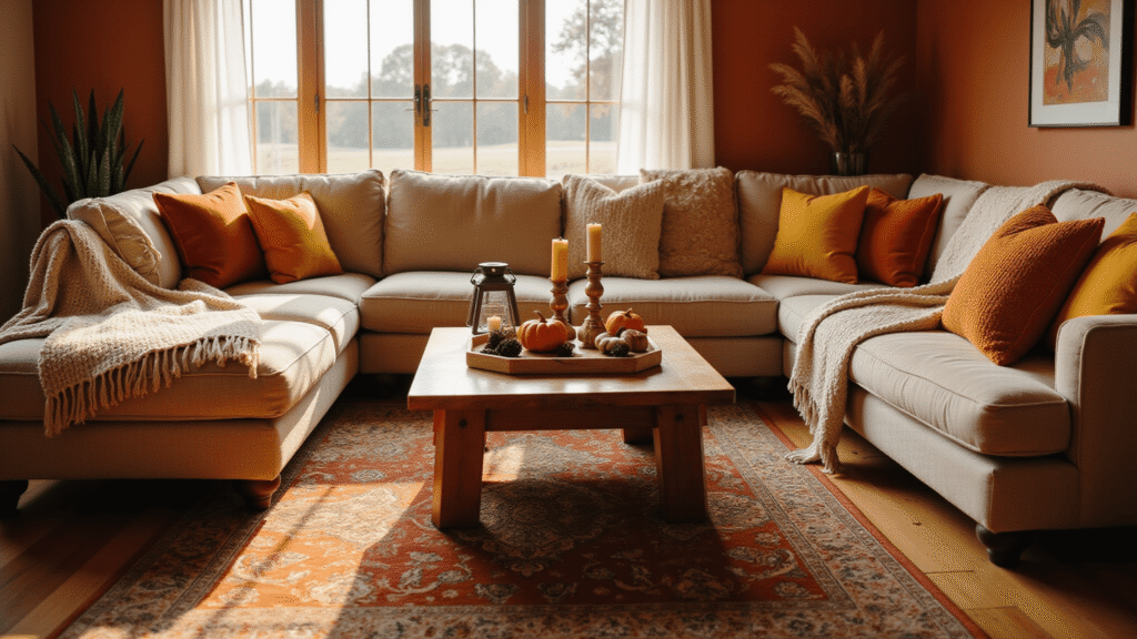 Autumn Home Decor: Transform Your Space with Cozy, Seasonal Warmth Cozy autumn living room featuring a plush sectional sofa, layered throws and pillows, reclaimed wood coffee table with seasonal decor, terracotta accent wall, and warm lighting.