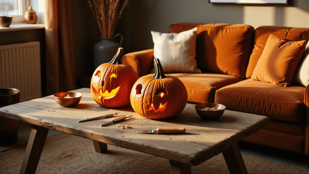 Spooktacular Jack-o'-Lantern Carving Ideas for Halloween 2025: From Beginner to Pro Cinematic autumn living room with a golden hour glow, featuring triangle-eyed jack-o'-lanterns, rustic oak coffee table, pumpkin carving tools, burnt orange velvet sofa, cream throw pillows, jute rug, and warm shadows creating a cozy Halloween atmosphere.