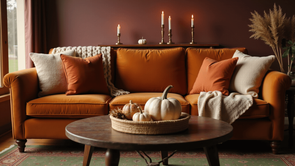 Autumn Living Room Decor: Transform Your Space with Cozy Warmth and Seasonal Charm Luxurious autumn living room with burnt orange velvet sofa, rust throw pillows, and cream chunky knit blanket, featuring a dark wood coffee table with ceramic pumpkins and dried wheat, a burgundy accent wall, and Persian rug, all illuminated by golden afternoon light through tall windows.