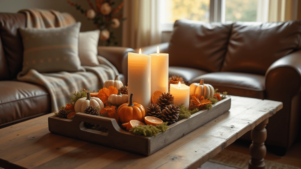 Fall Tray Decor Ideas: Transform Your Space with Autumn Warmth Cinematic overhead view of an autumn-themed wooden tray on a rustic coffee table, featuring flickering candles, mini pumpkins, pinecones, and dried orange slices, all bathed in warm golden hour light.