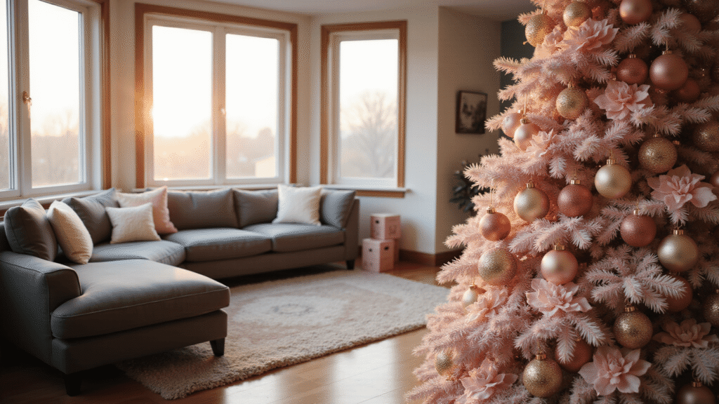 Pink Christmas Tree Decorations: A Modern Festive Wonderland Cinematic wide shot of an elegant blush pink Christmas tree adorned with crystal snowflakes and velvet baubles in a luxurious living room, bathed in golden hour sunlight, featuring a rich charcoal sectional, warm hardwood floors, and a Persian rug, creating a romantic and sophisticated festive atmosphere.