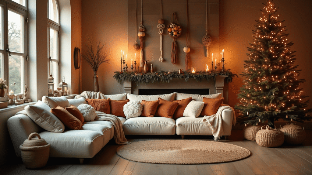 Boho Christmas Decor: Creating a Warm, Eclectic Holiday Haven Cozy boho Christmas living room with warm golden hour lighting, oversized sectional, macrame ornaments on the tree, eucalyptus garland on rustic mantel, and layered rugs, evoking a inviting sanctuary atmosphere.