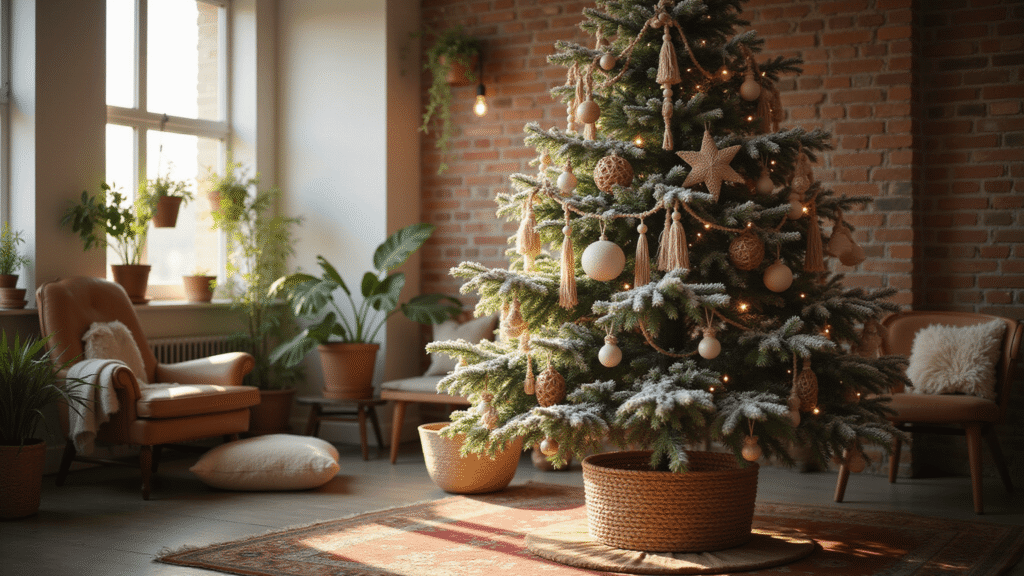 Boho Christmas Tree: A Free-Spirited Holiday Centerpiece A cozy boho living room featuring a flocked Christmas tree adorned with macrame garlands and earthy ornaments, illuminated by warm golden hour light, with a vintage leather chair, layered rugs, and hanging plants, creating an inviting holiday atmosphere.