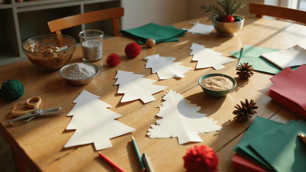 Christmas Tree Template: Your Ultimate Holiday Crafting Guide A warm, golden hour overhead shot of a rustic oak craft table, featuring scattered Christmas tree paper templates, colorful child-safe scissors, glass bowls of glitter, vibrant construction paper, craft pom-poms, silk ribbons, and dried pine cones, evoking a cozy holiday crafting atmosphere.